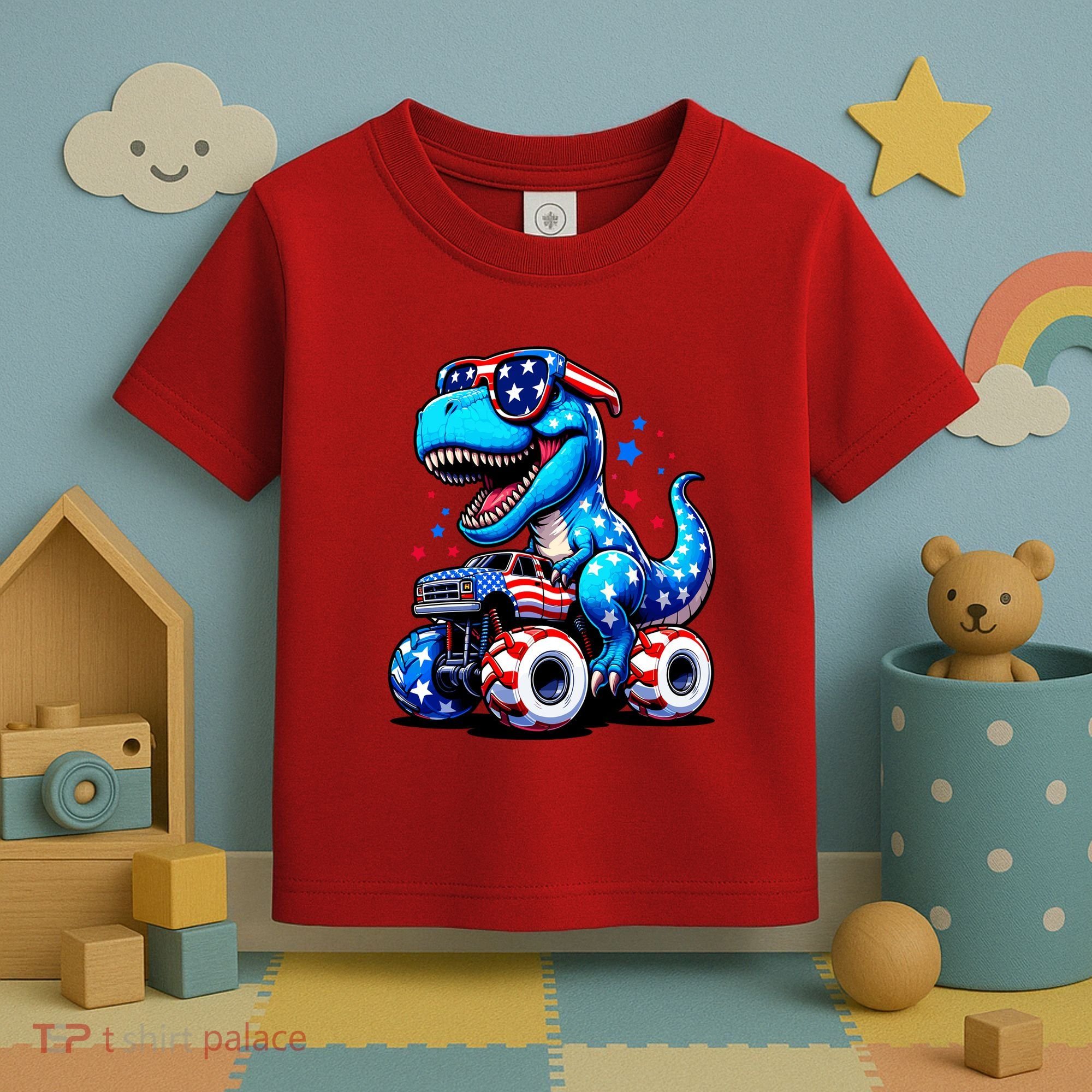 Patriotic T Rex Riding Monster Truck Toddler T-Shirt