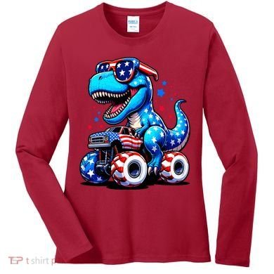 Patriotic T Rex Riding Monster Truck Women's Long Sleeve Shirt