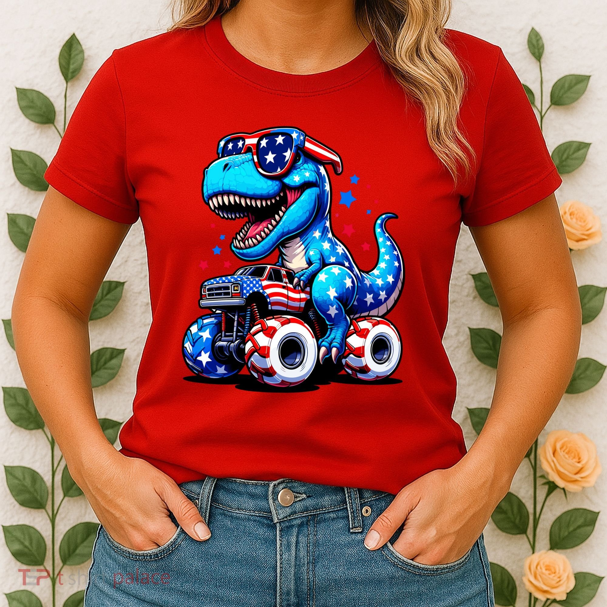 Patriotic T Rex Riding Monster Truck Women's T-Shirt