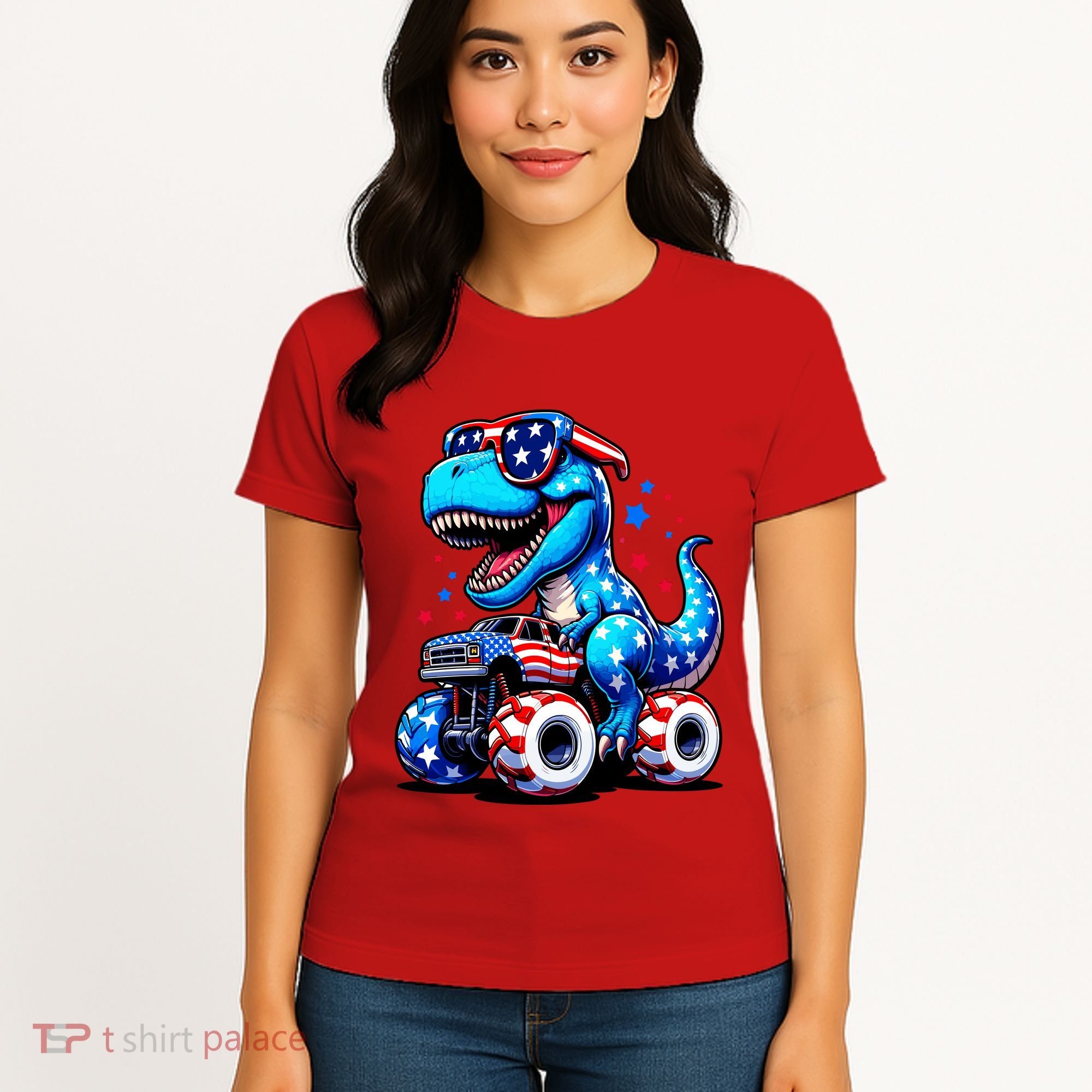Patriotic T Rex Riding Monster Truck Women's T-Shirt
