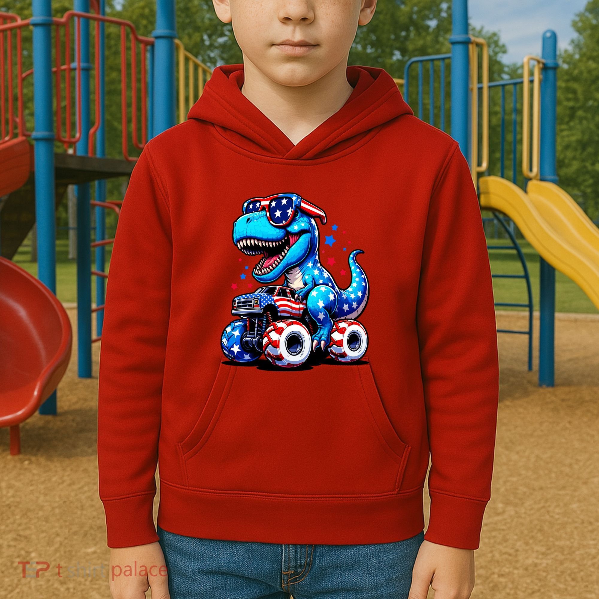 Patriotic T Rex Riding Monster Truck Kids Hoodie
