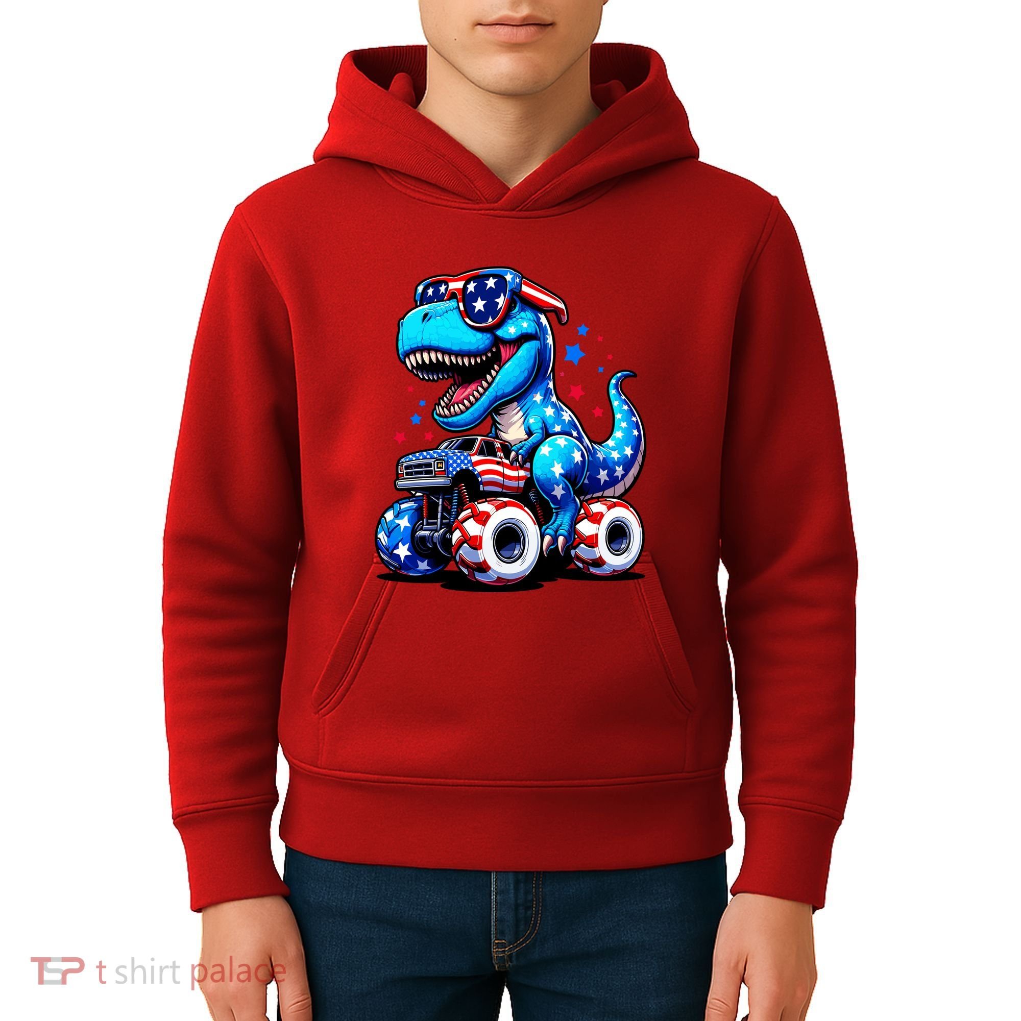 Patriotic T Rex Riding Monster Truck Kids Hoodie
