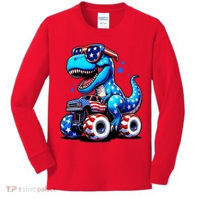 Patriotic T Rex Riding Monster Truck Kids Long Sleeve Shirt