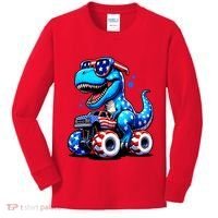 Patriotic T Rex Riding Monster Truck Kids Long Sleeve Shirt thumb 0