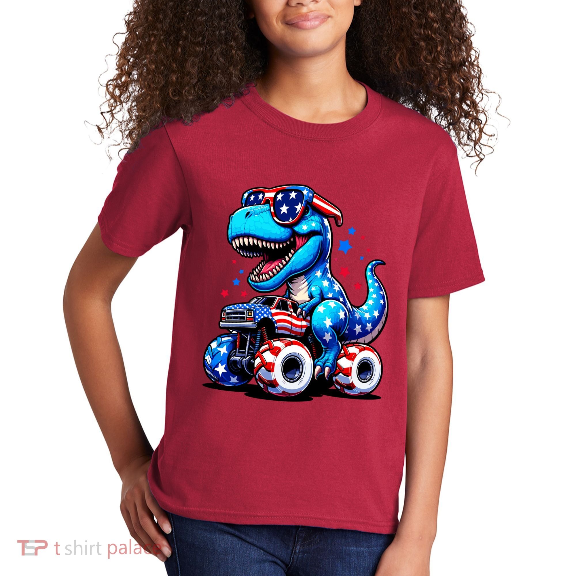 Patriotic T Rex Riding Monster Truck Kids T-Shirt