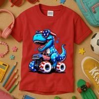 Patriotic T Rex Riding Monster Truck Kids T-Shirt thumb 3