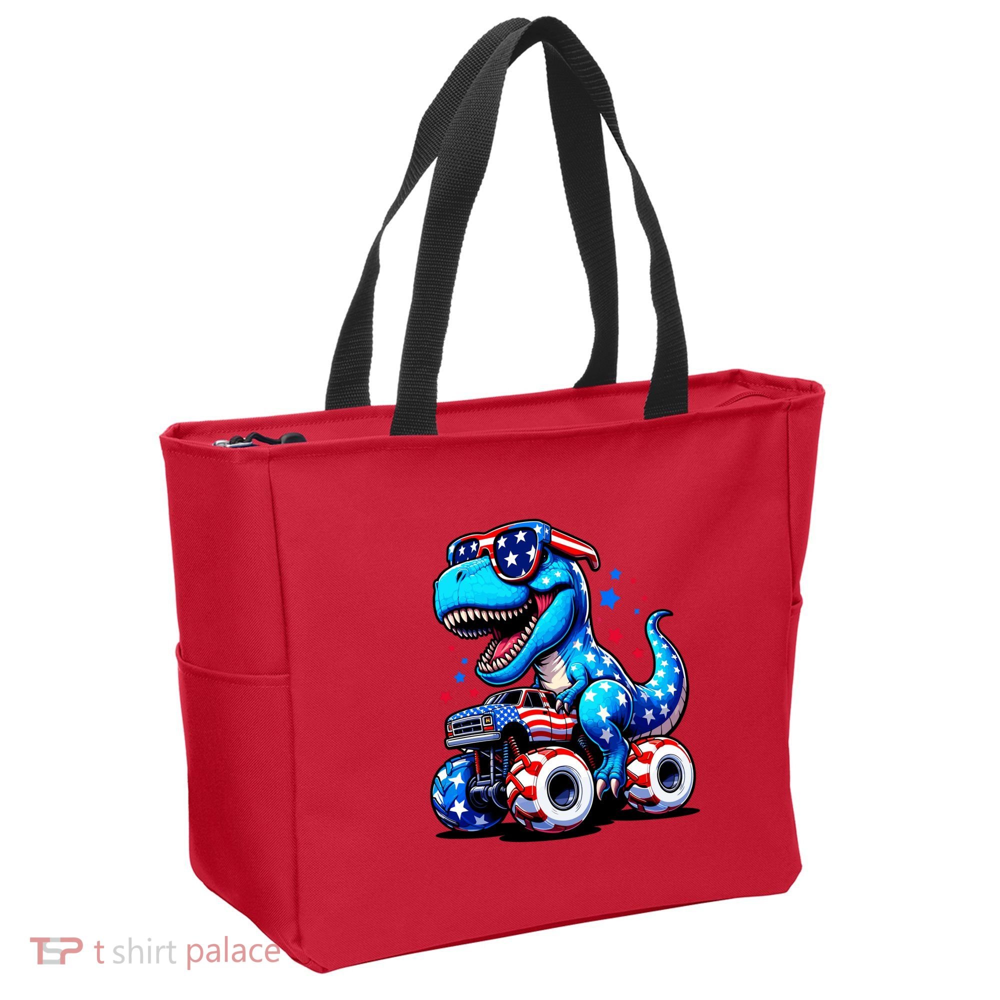 Patriotic T Rex Riding Monster Truck Tote Bag