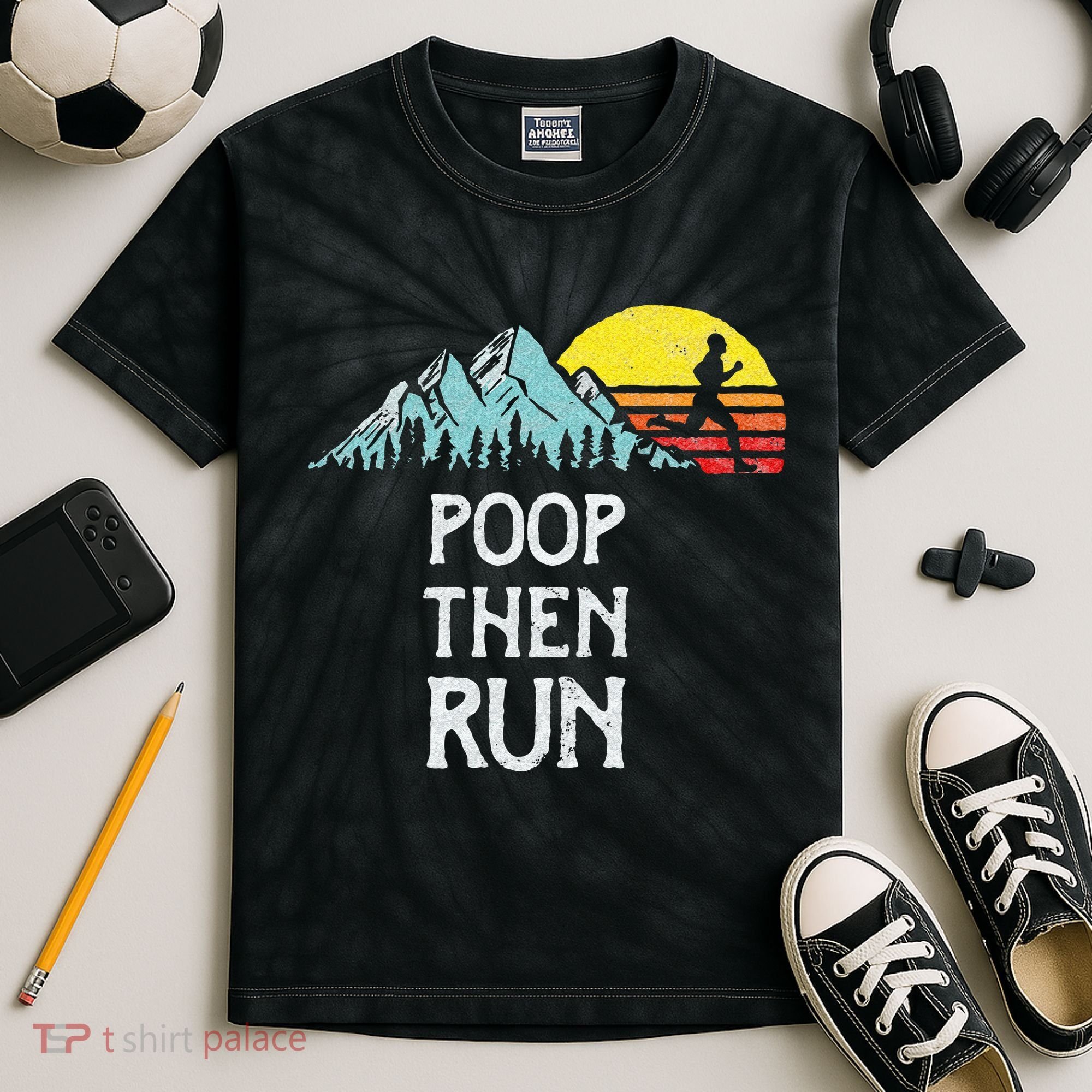 Poop Then Run! Funny Trail Running Graphic Kids Tie-Dye T-Shirt