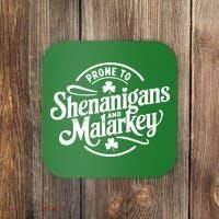 Prone To Shenanigans Malarkey Funny Clovers St Patricks Day Coaster thumb 0