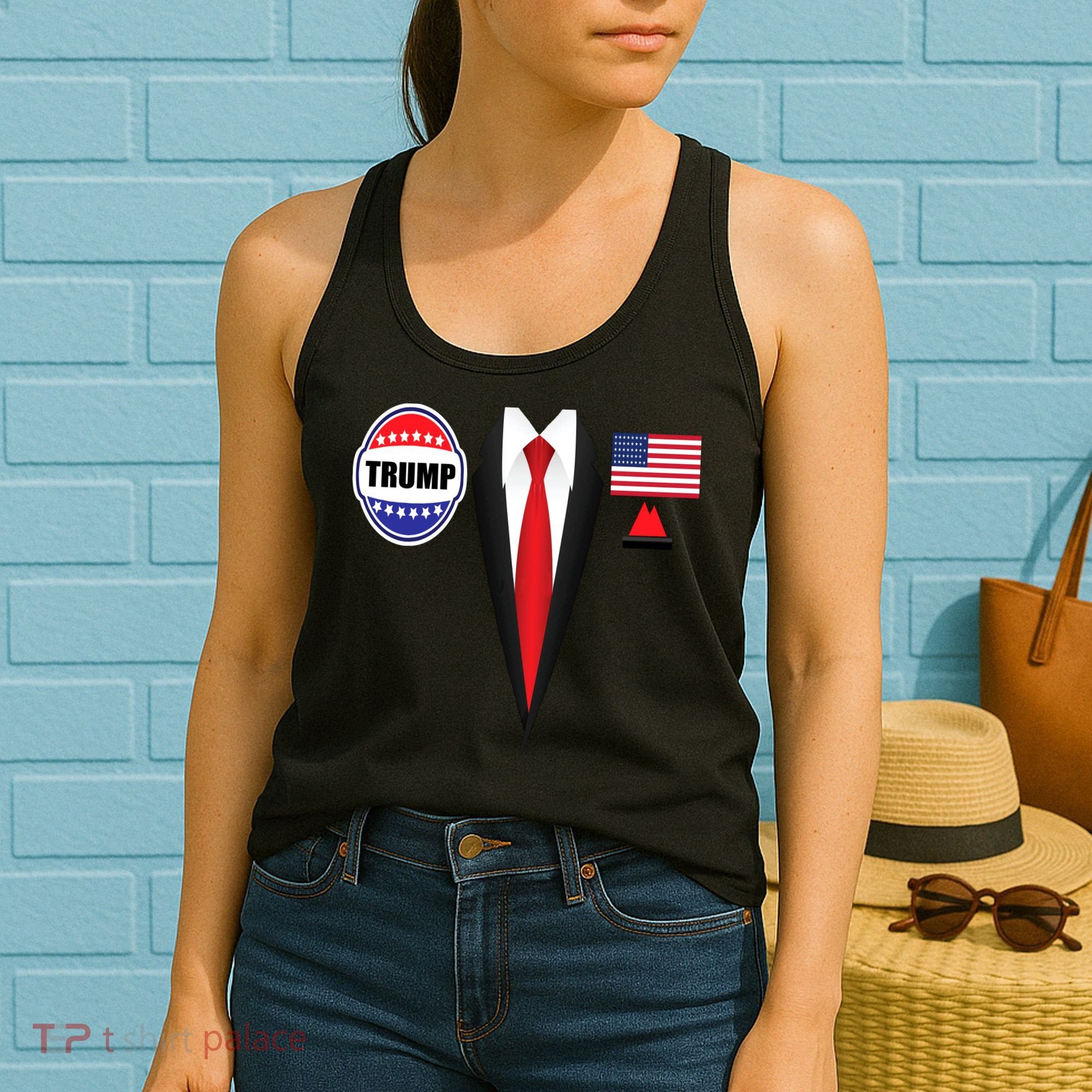 President Trump Shirt Suit Halloween Lazy Costume Flag Women's Tank Top