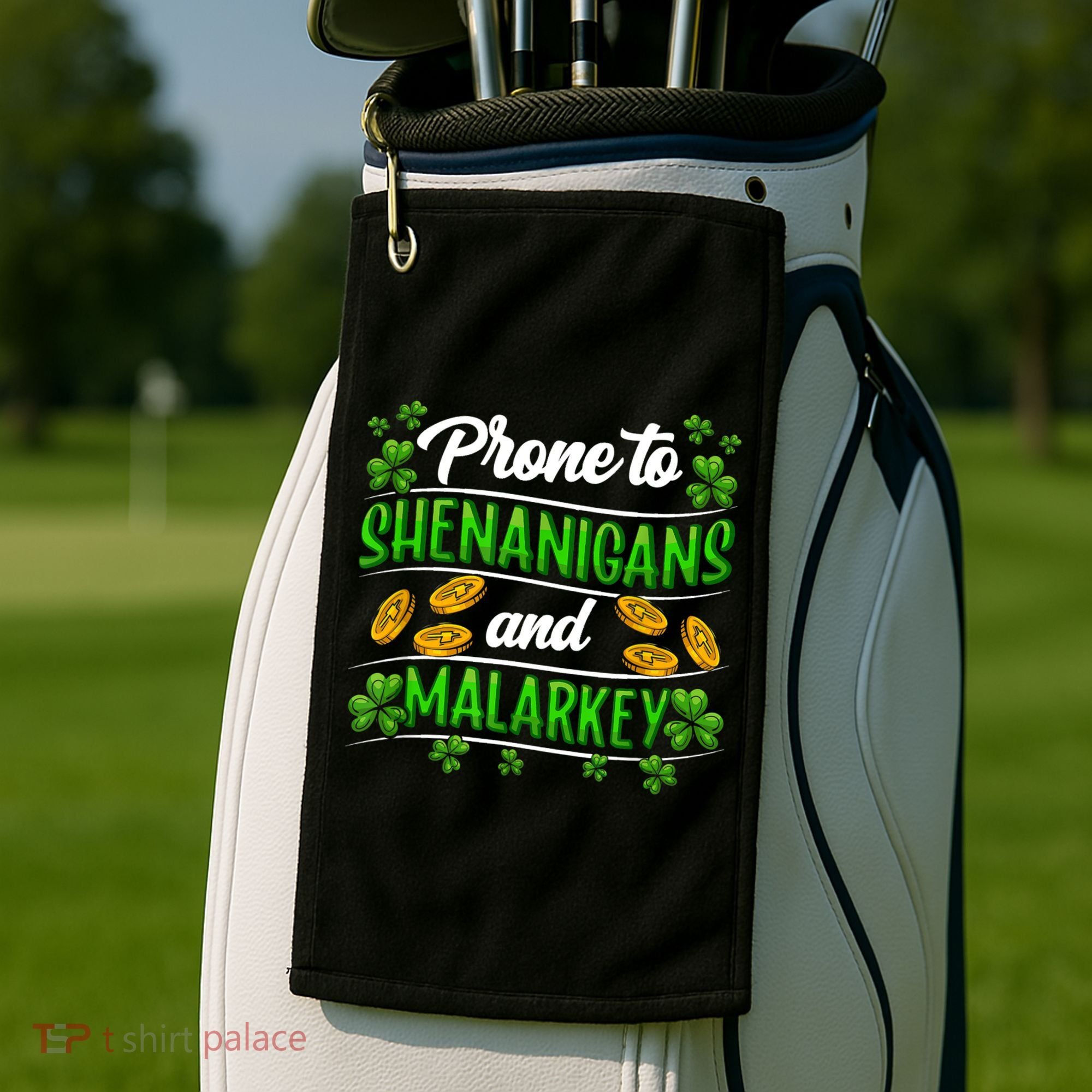 Prone To Shenanigans And Malarkey Leprechaun Funny Ireland Irish Gift Golf Towel