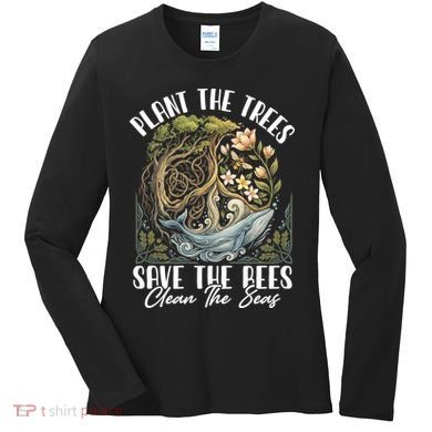Plant The Trees Save The Bees Peace Sign Earth Women's Long Sleeve Shirt