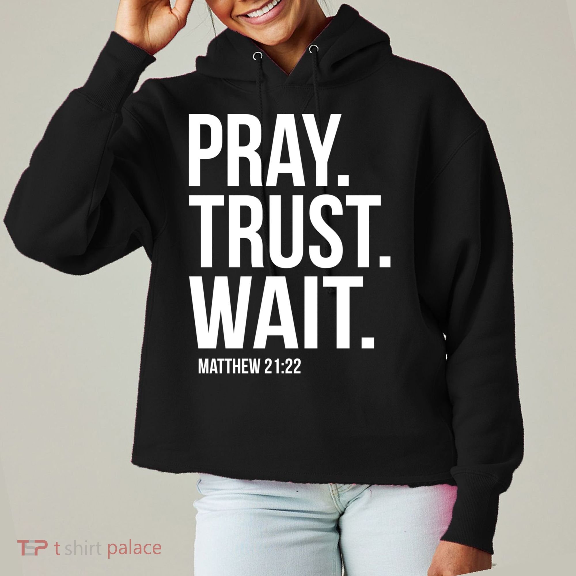 Pray Trust Wait Matthew 21:22 Scripture Christian Gift Ladies Heavyweight Boxy Pullover Hoodie