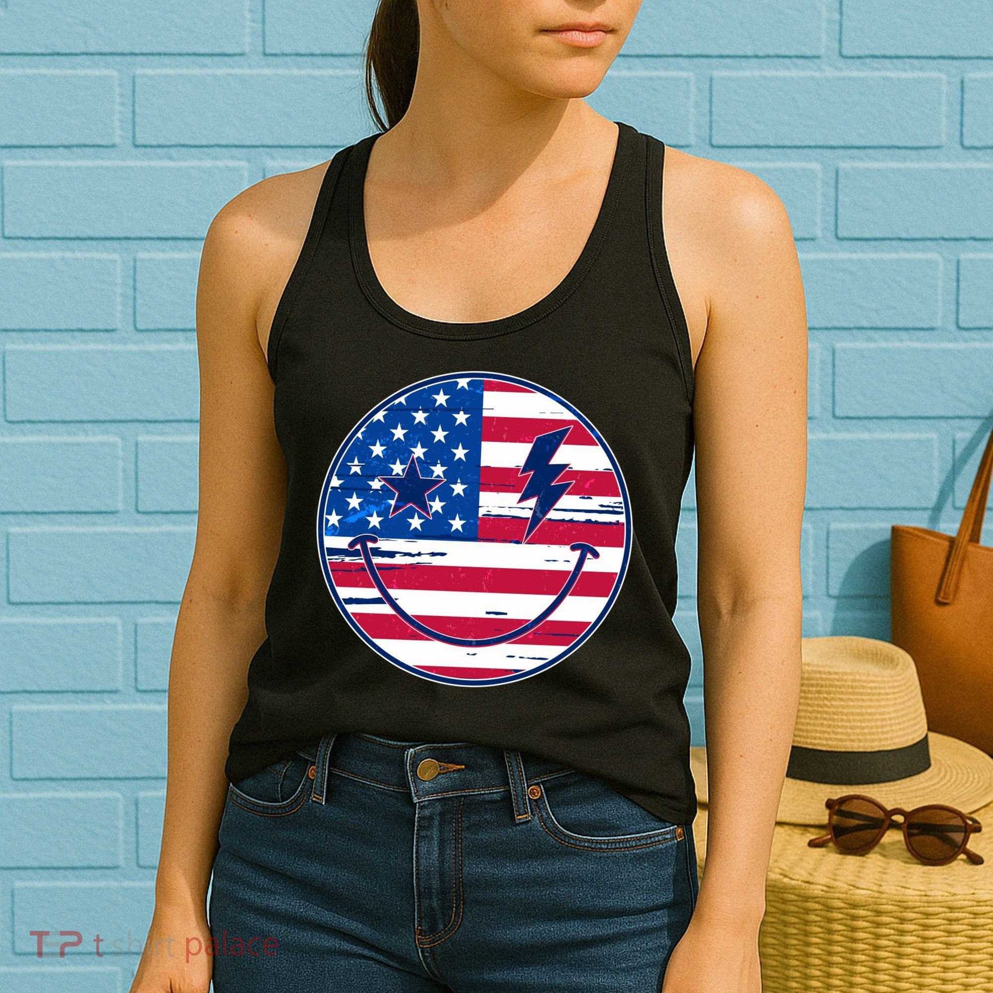 Patriotic USA American Flag Smiley Emoji Women's Tank Top