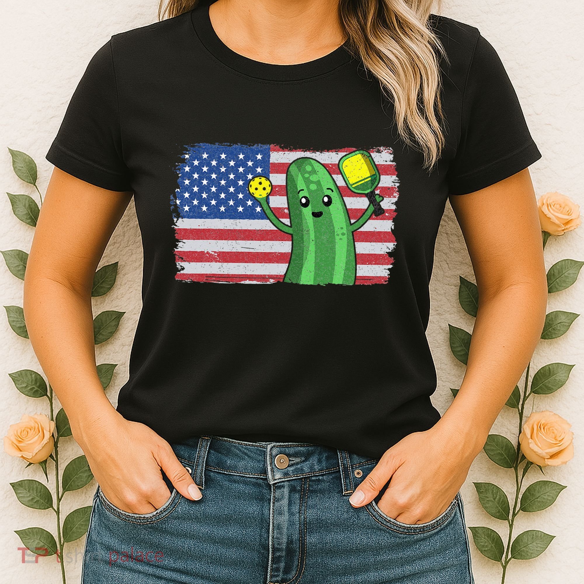 Pickleball US American Flag Pickle With Paddle Pickle Ball Women's T-Shirt