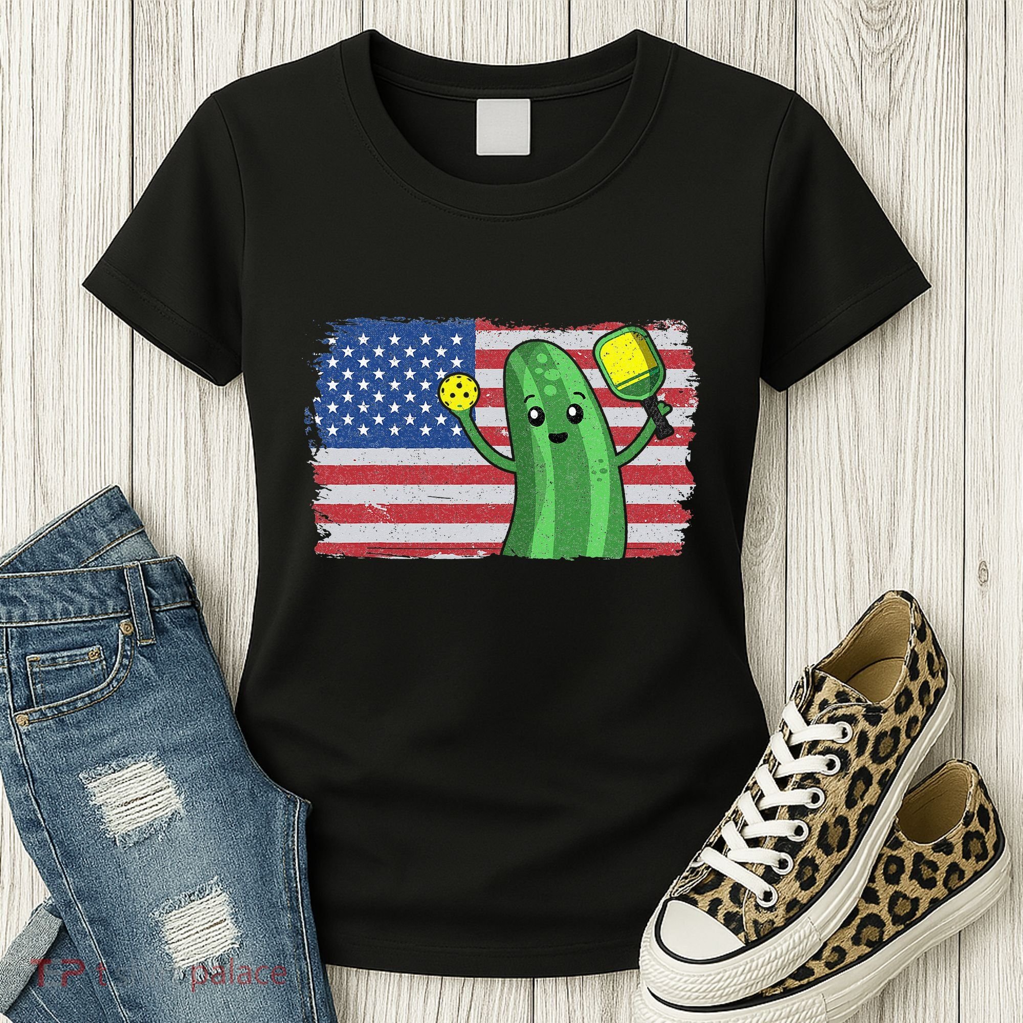 Pickleball US American Flag Pickle With Paddle Pickle Ball Women's T-Shirt