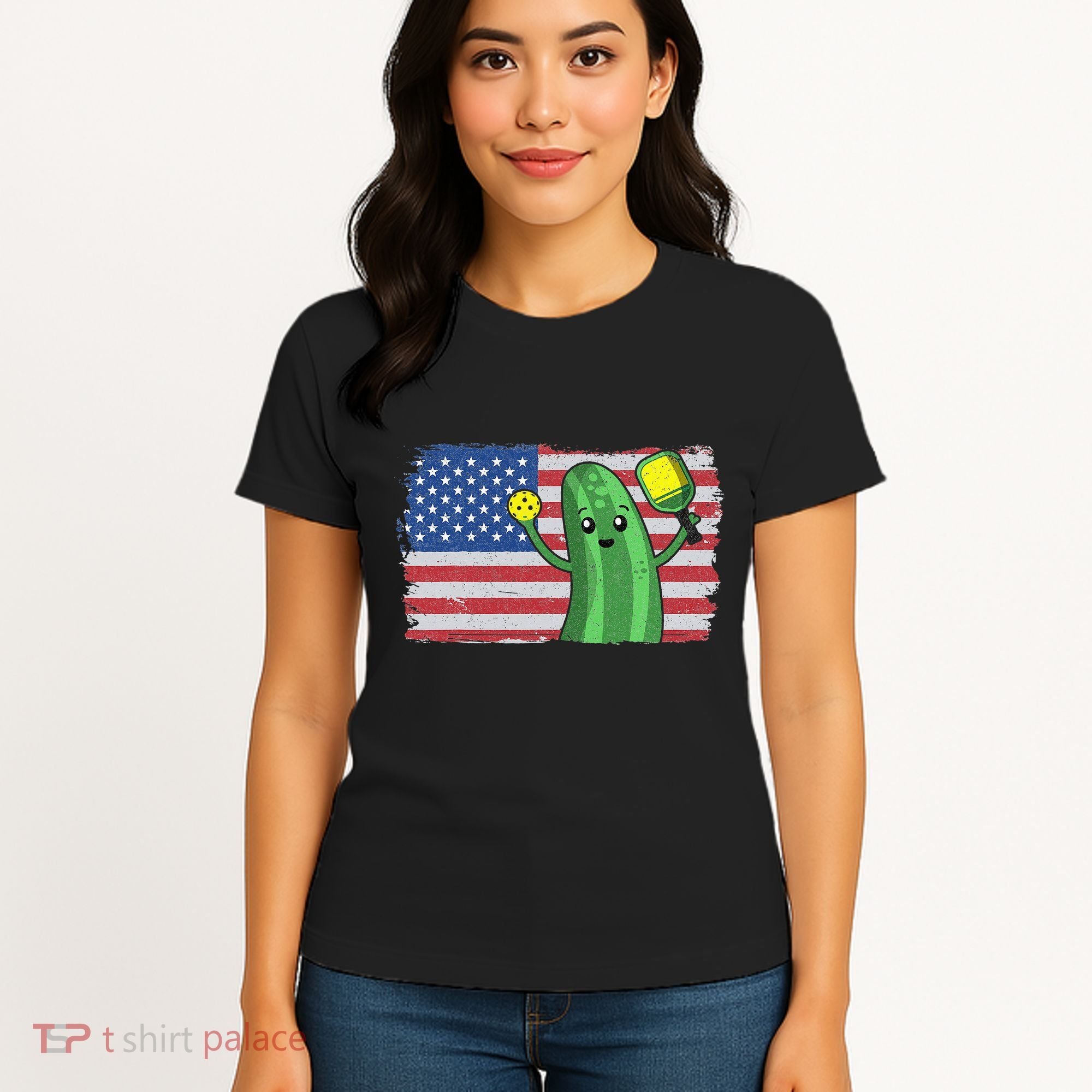 Pickleball US American Flag Pickle With Paddle Pickle Ball Women's T-Shirt