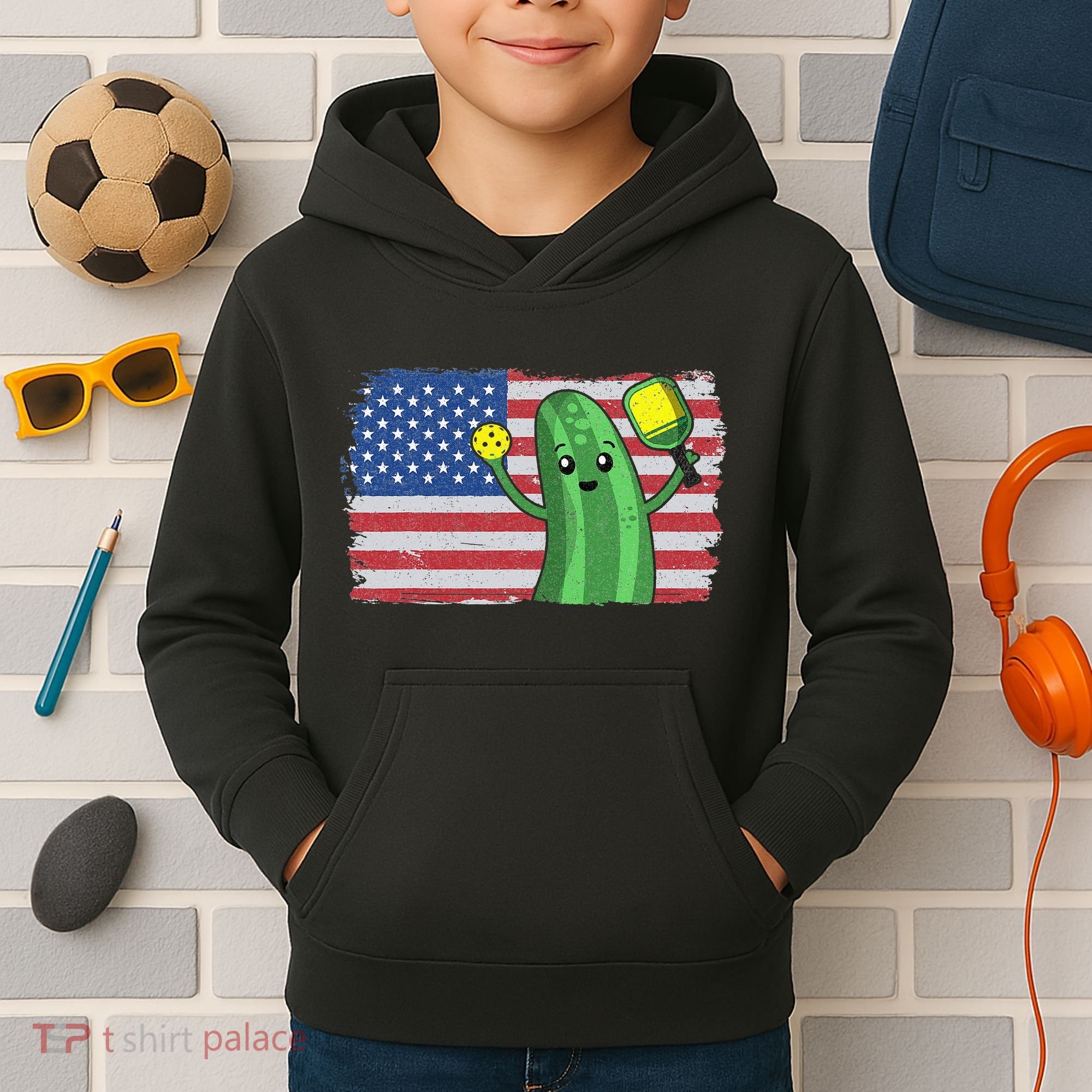 Pickleball US American Flag Pickle With Paddle Pickle Ball Kids Hoodie