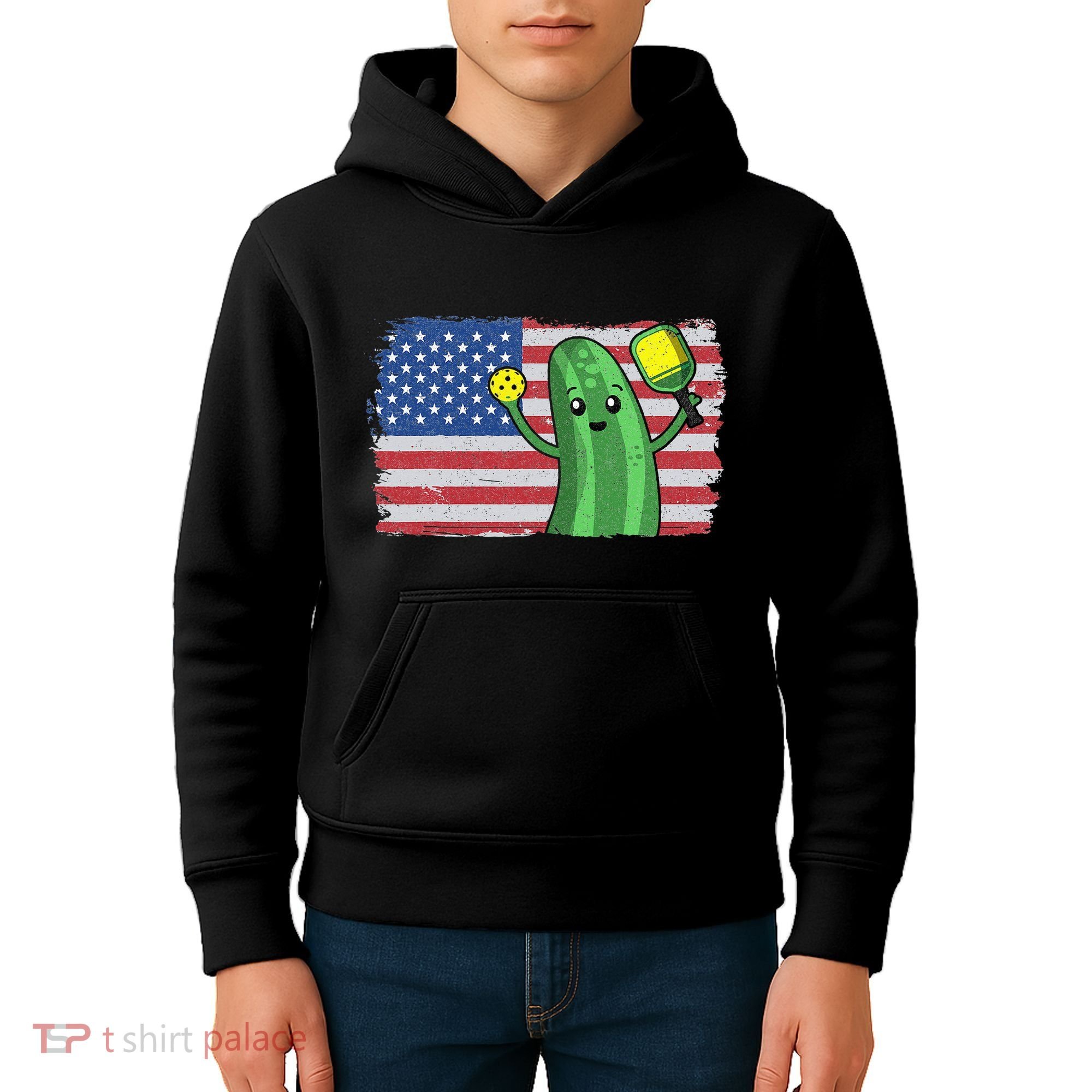 Pickleball US American Flag Pickle With Paddle Pickle Ball Kids Hoodie
