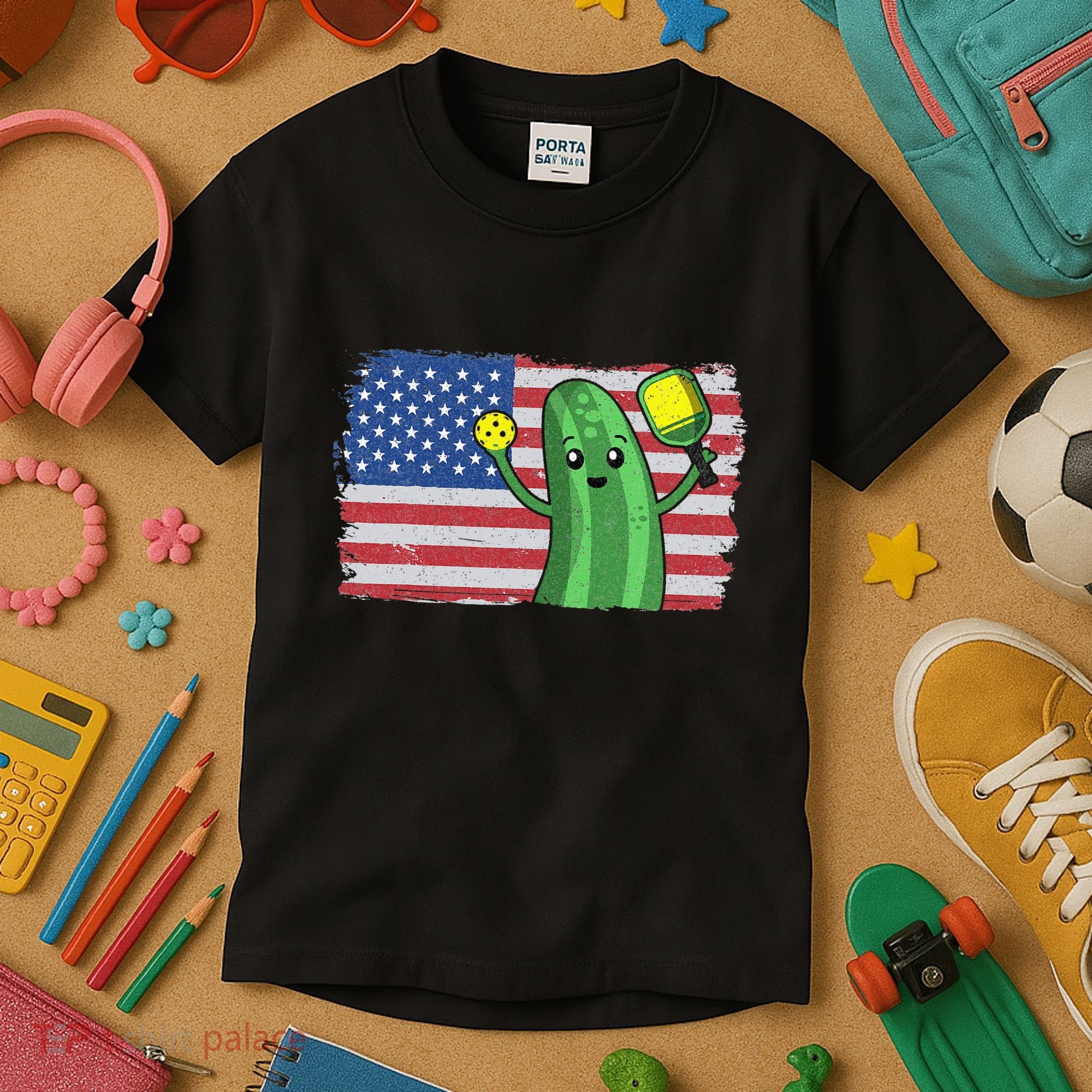 Pickleball US American Flag Pickle With Paddle Pickle Ball Kids T-Shirt
