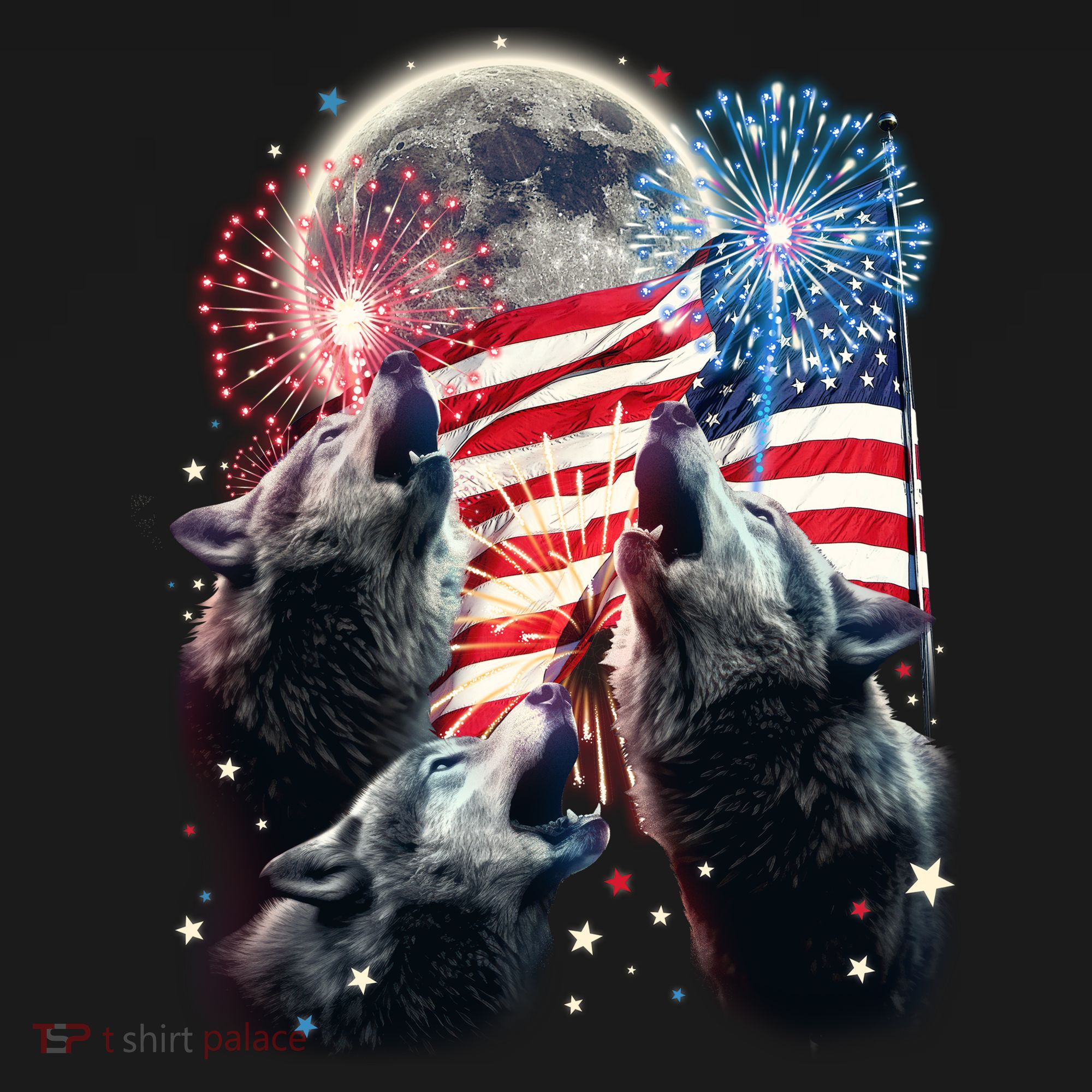 Patriotic Usa American Flag Three Wolves Moon Ornament