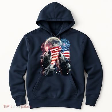 Patriotic Usa American Flag Three Wolves Moon Hoodie