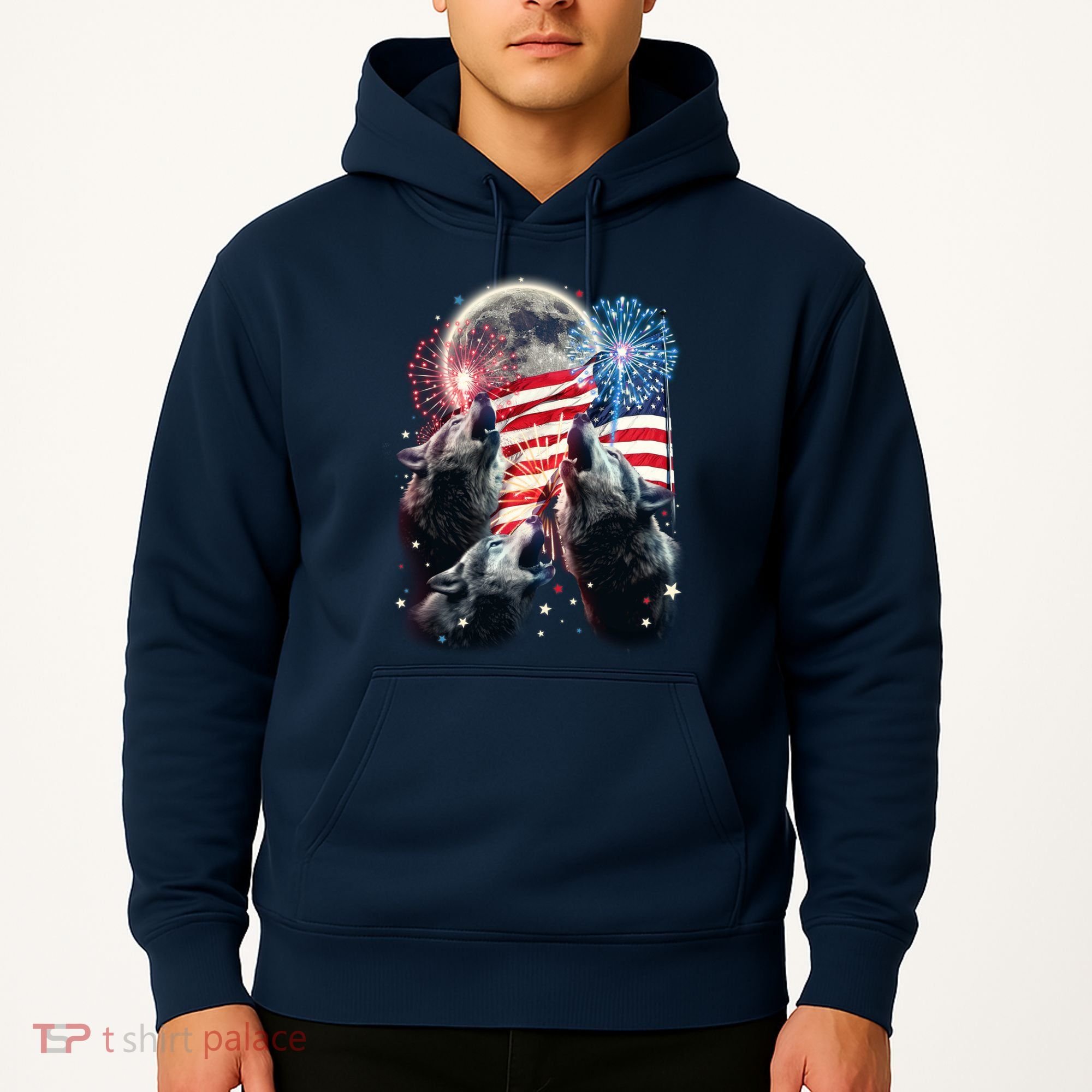 Patriotic Usa American Flag Three Wolves Moon Hoodie