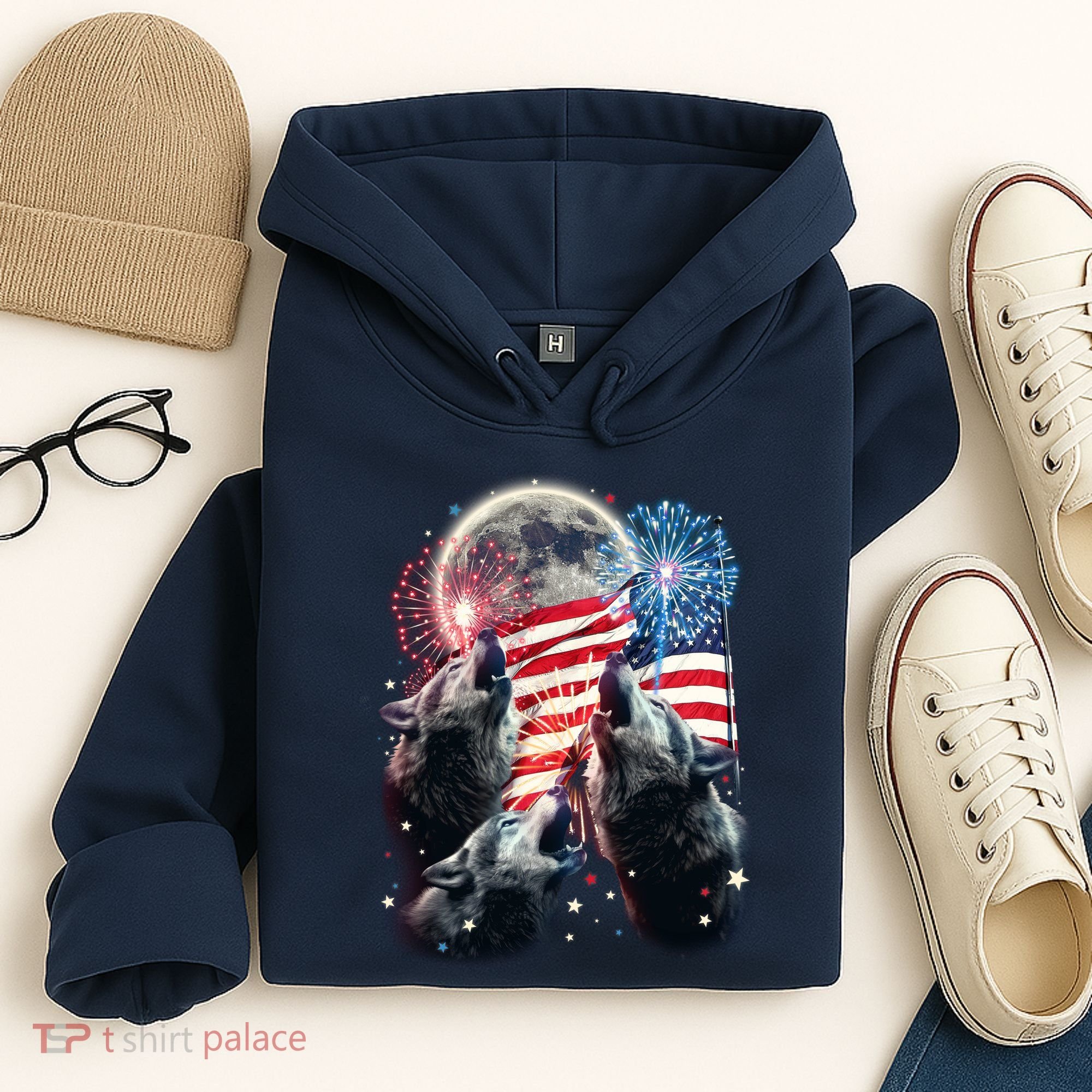 Patriotic Usa American Flag Three Wolves Moon Hoodie