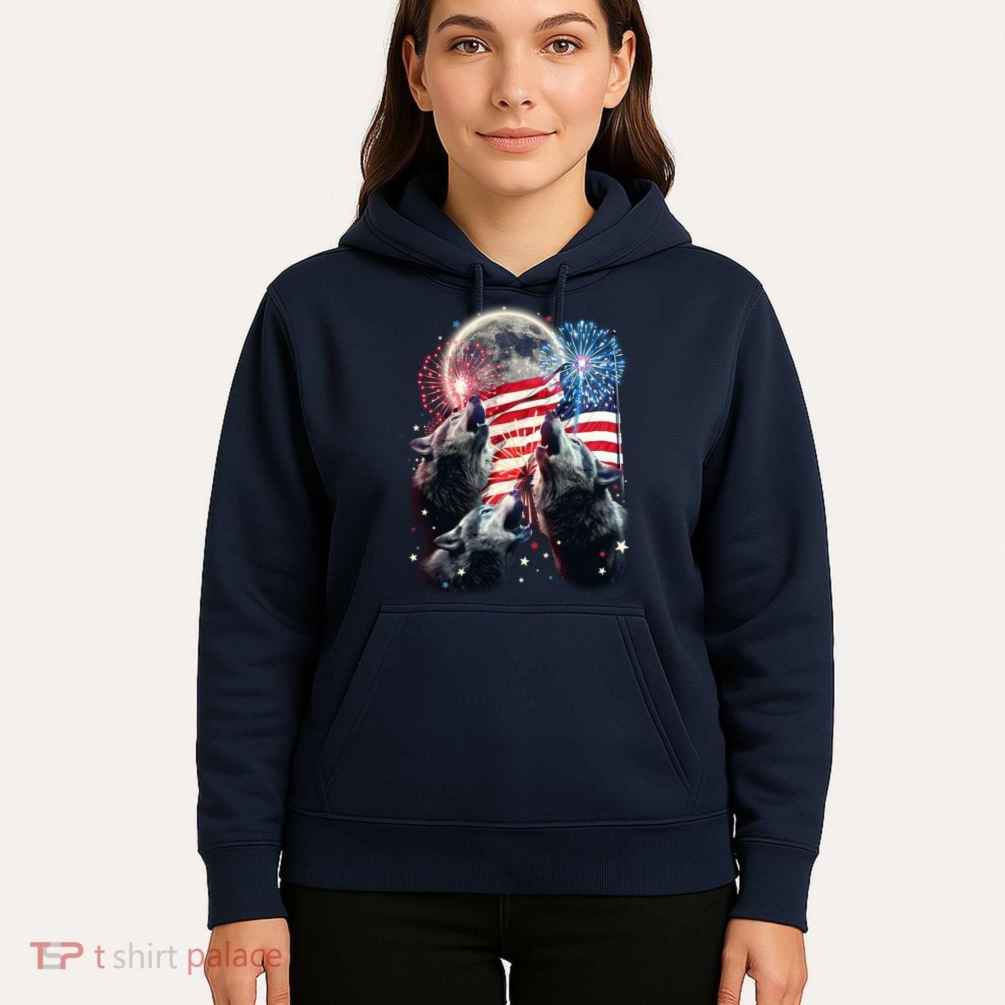Patriotic Usa American Flag Three Wolves Moon Hoodie