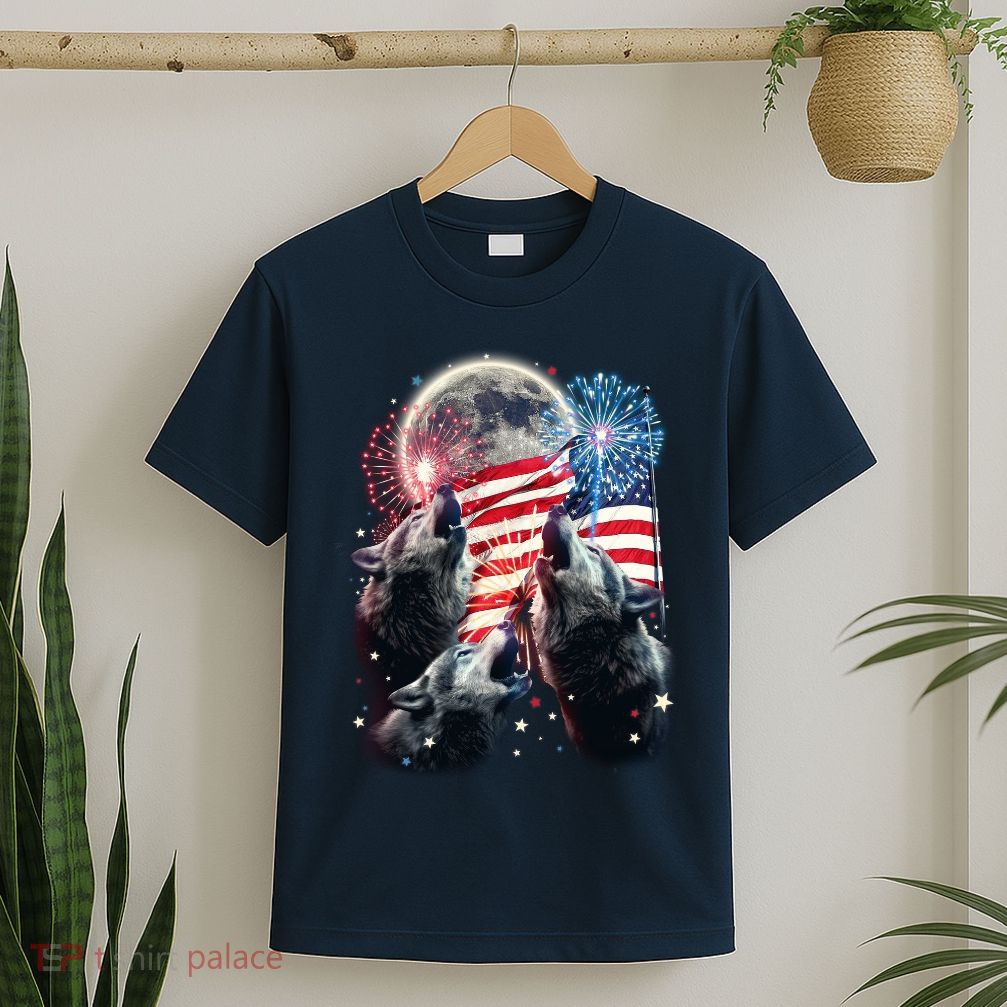 Patriotic Usa American Flag Three Wolves Moon T-Shirt