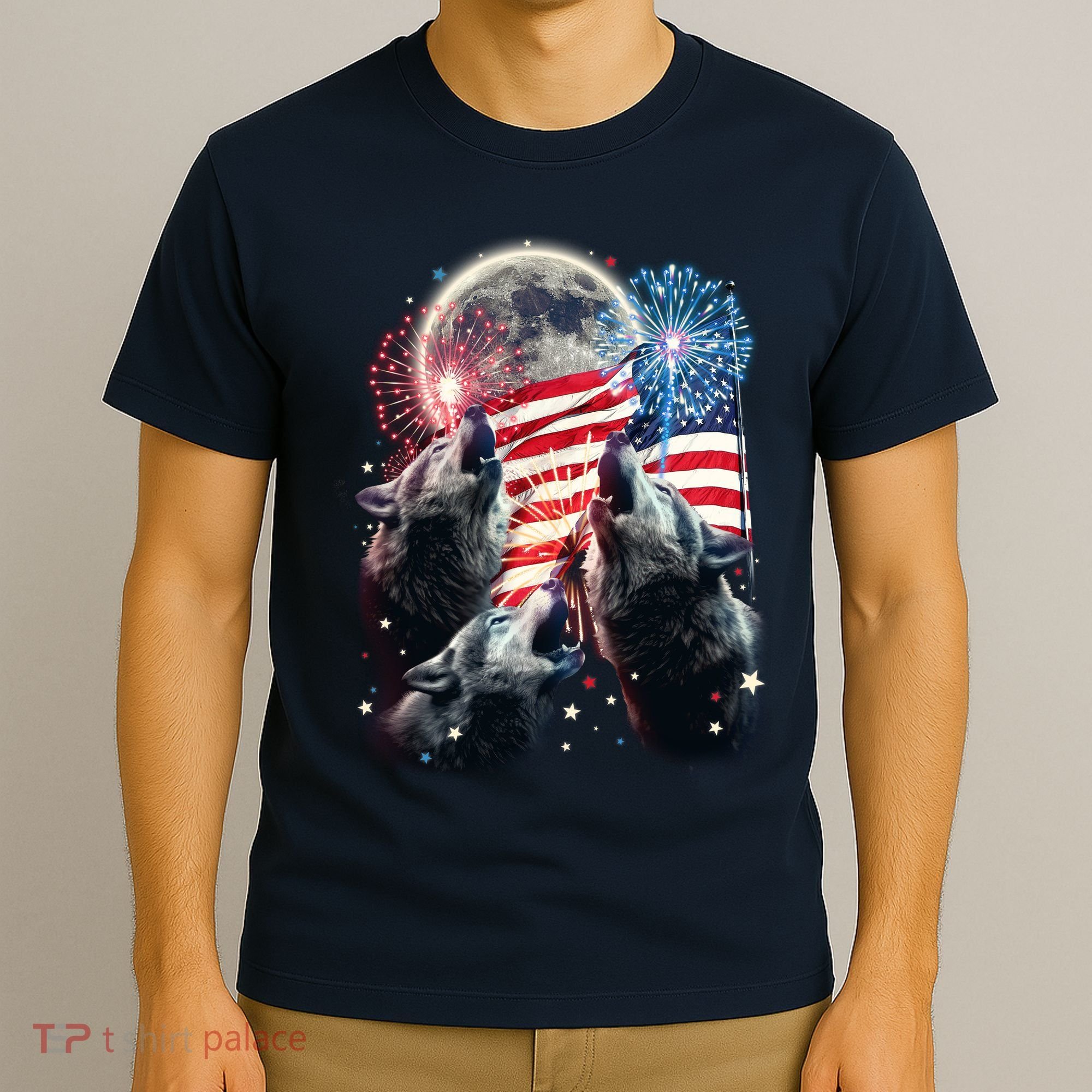 Patriotic Usa American Flag Three Wolves Moon T-Shirt