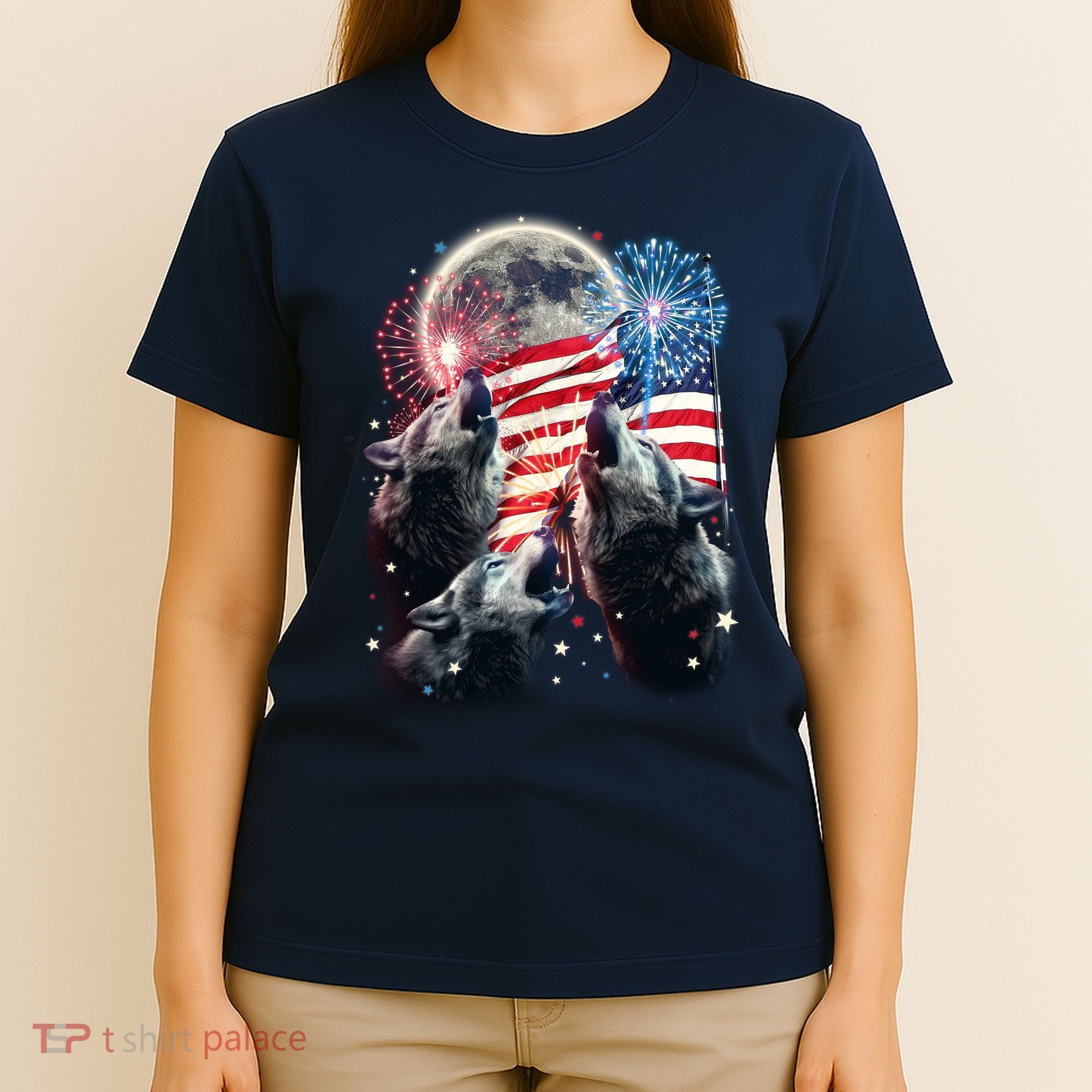 Patriotic Usa American Flag Three Wolves Moon T-Shirt