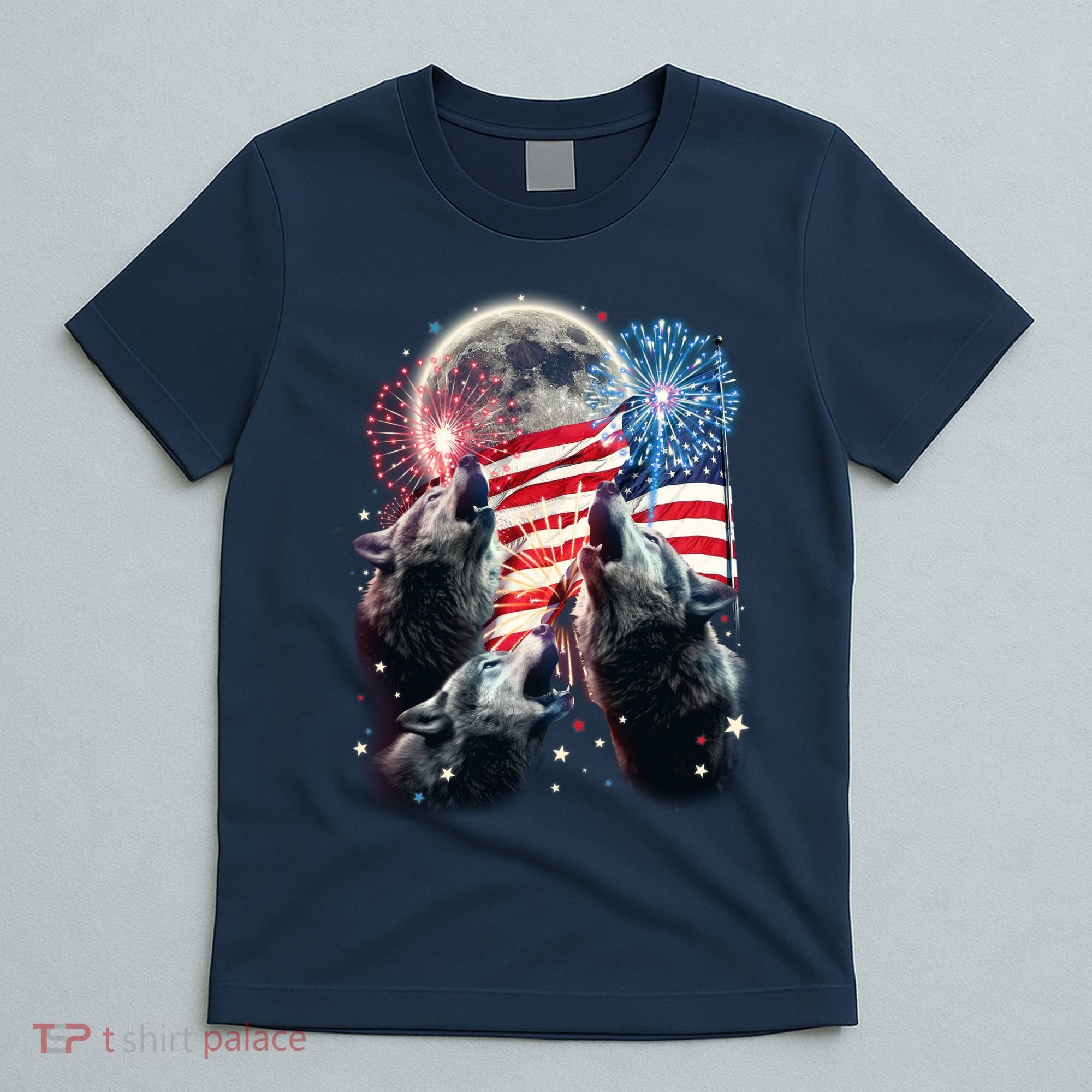 Patriotic Usa American Flag Three Wolves Moon T-Shirt