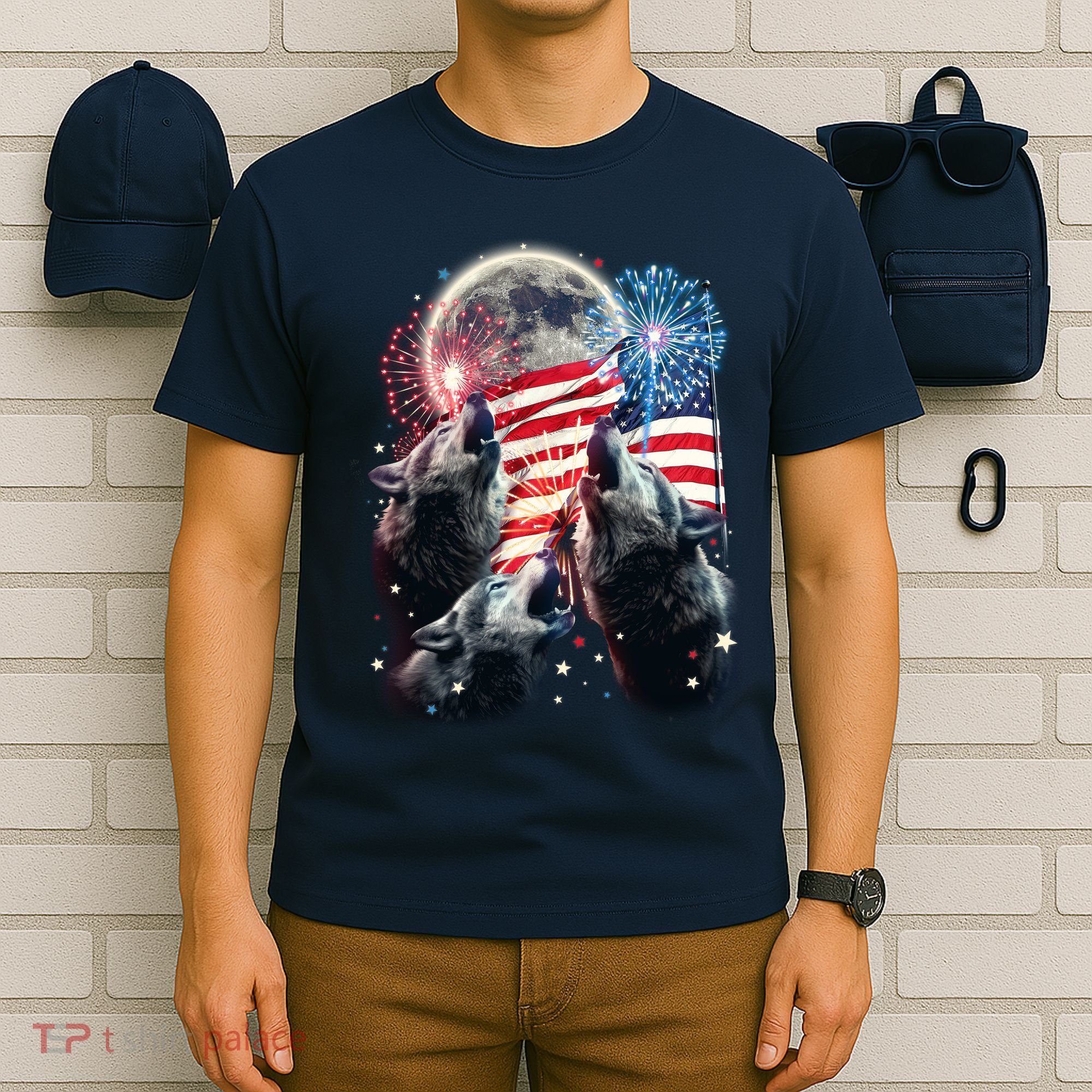 Patriotic Usa American Flag Three Wolves Moon T-Shirt