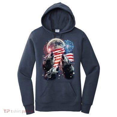 Patriotic Usa American Flag Three Wolves Moon Women's Hoodie