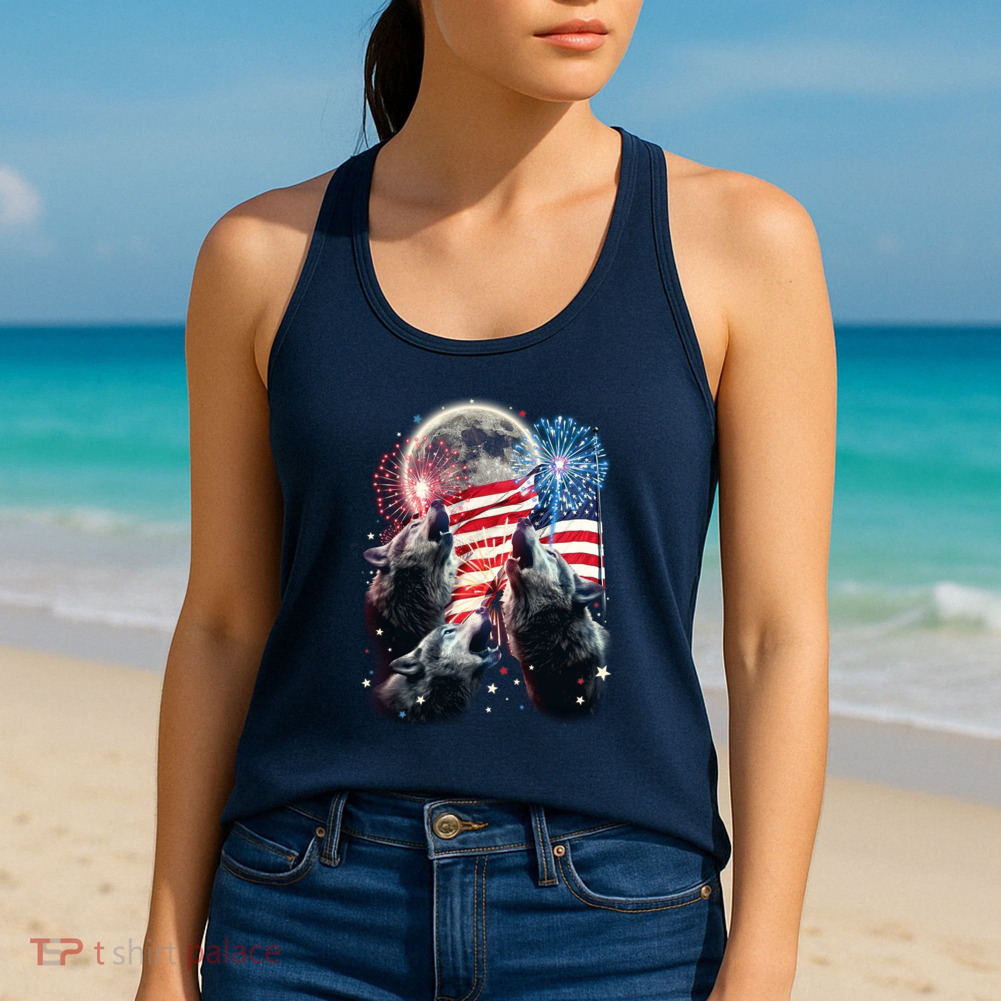 Patriotic Usa American Flag Three Wolves Moon Women's Tank Top