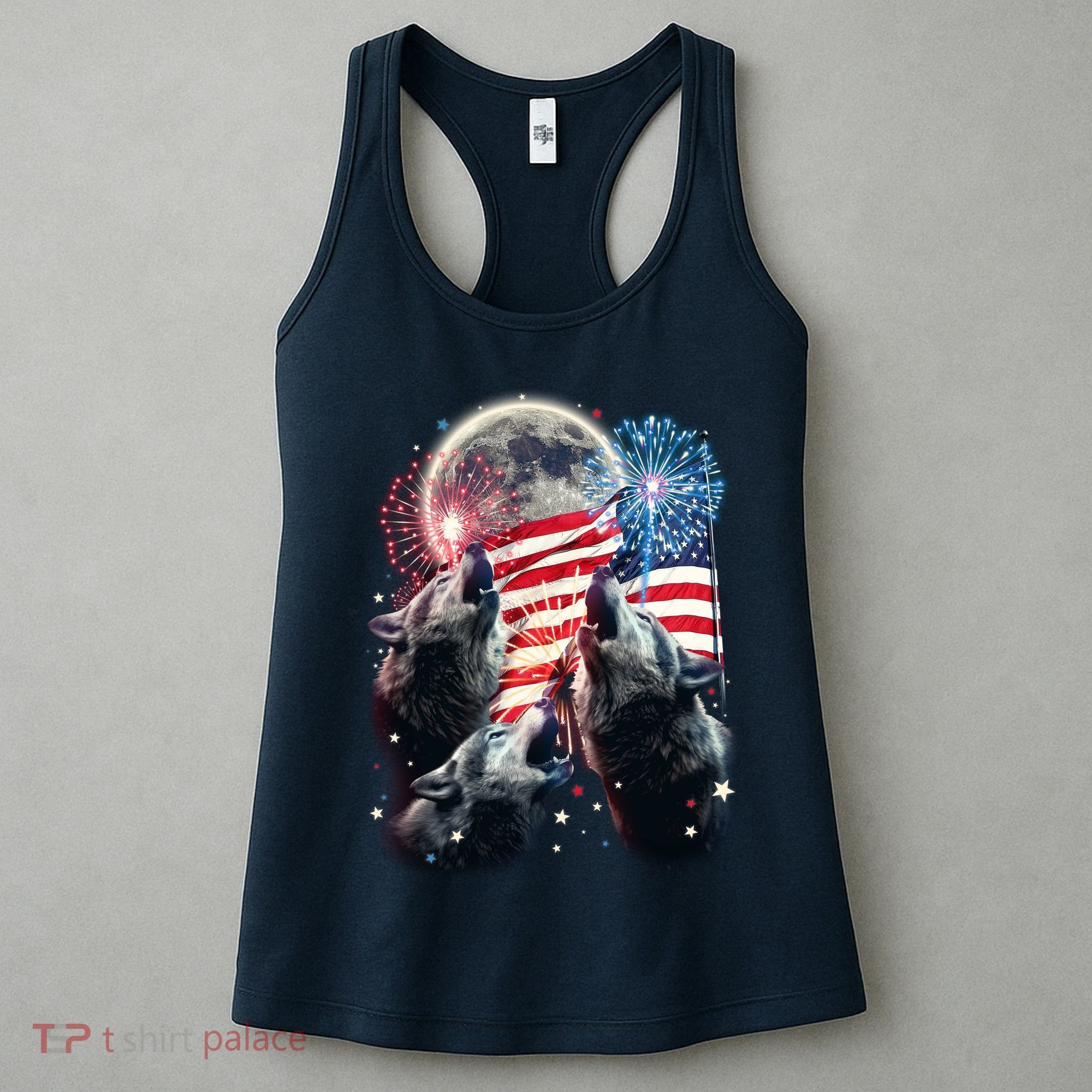Patriotic Usa American Flag Three Wolves Moon Women's Tank Top