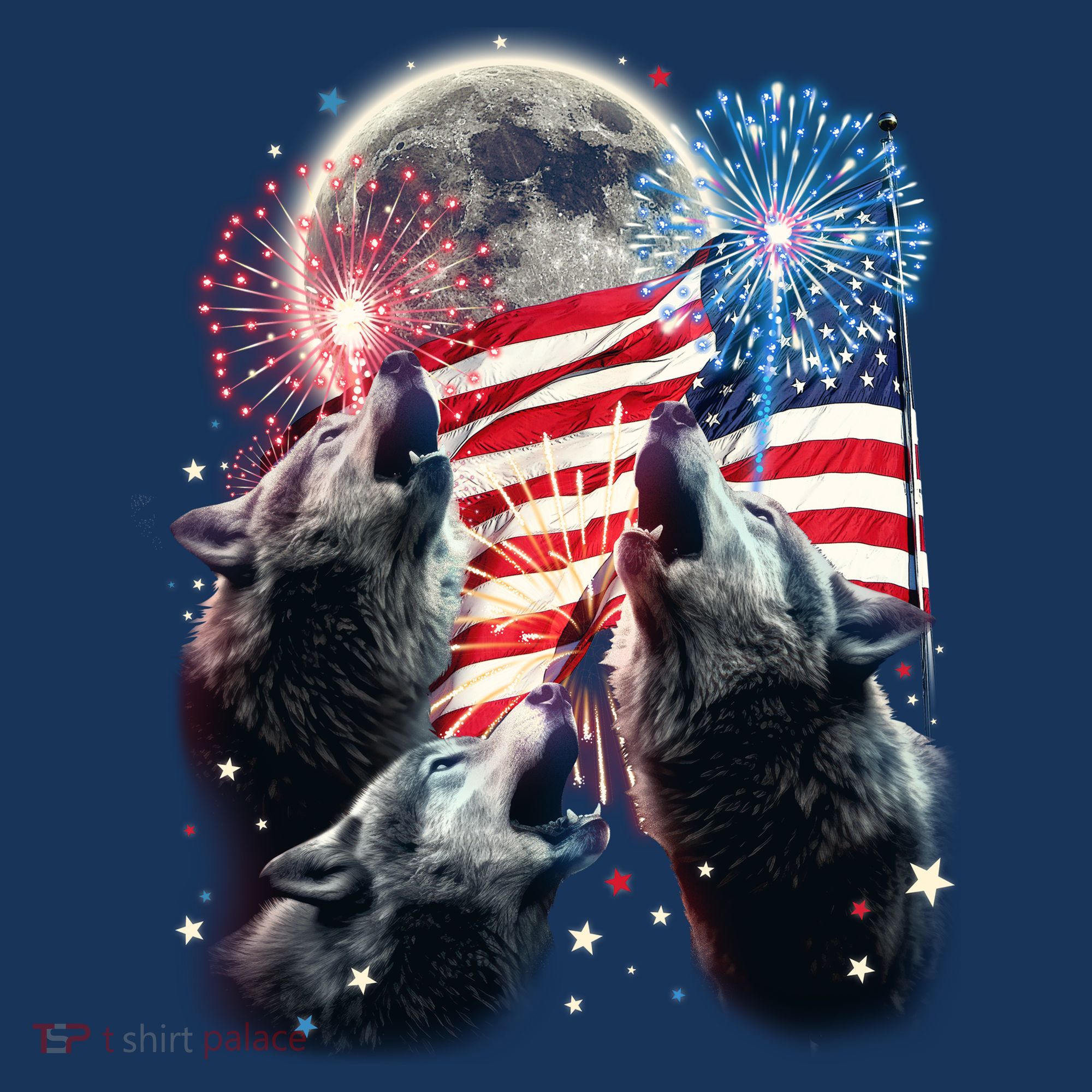 Patriotic Usa American Flag Three Wolves Moon Women's Tank Top