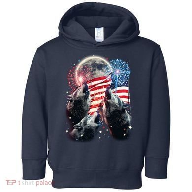 Patriotic Usa American Flag Three Wolves Moon Toddler Hoodie