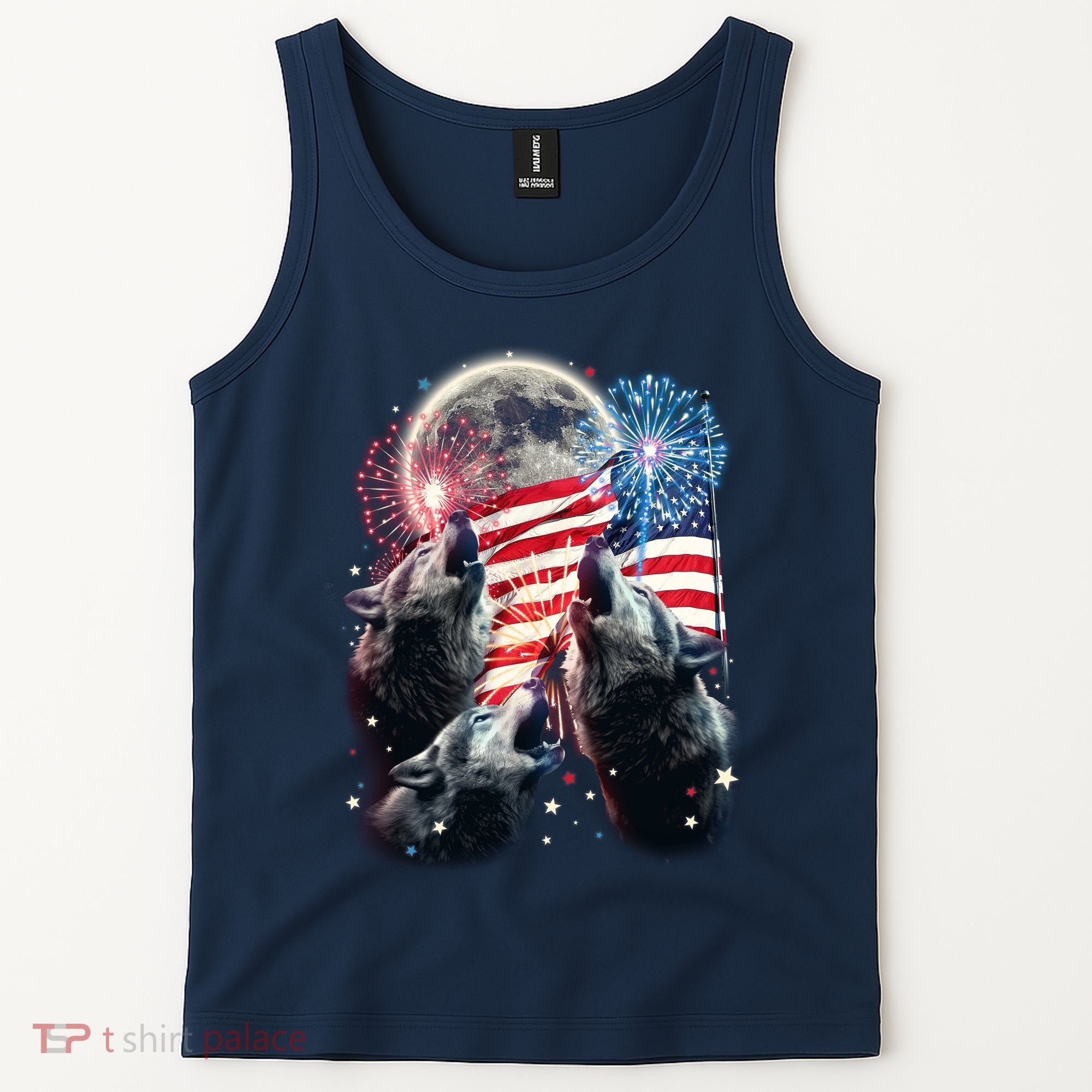Patriotic Usa American Flag Three Wolves Moon Tank Top