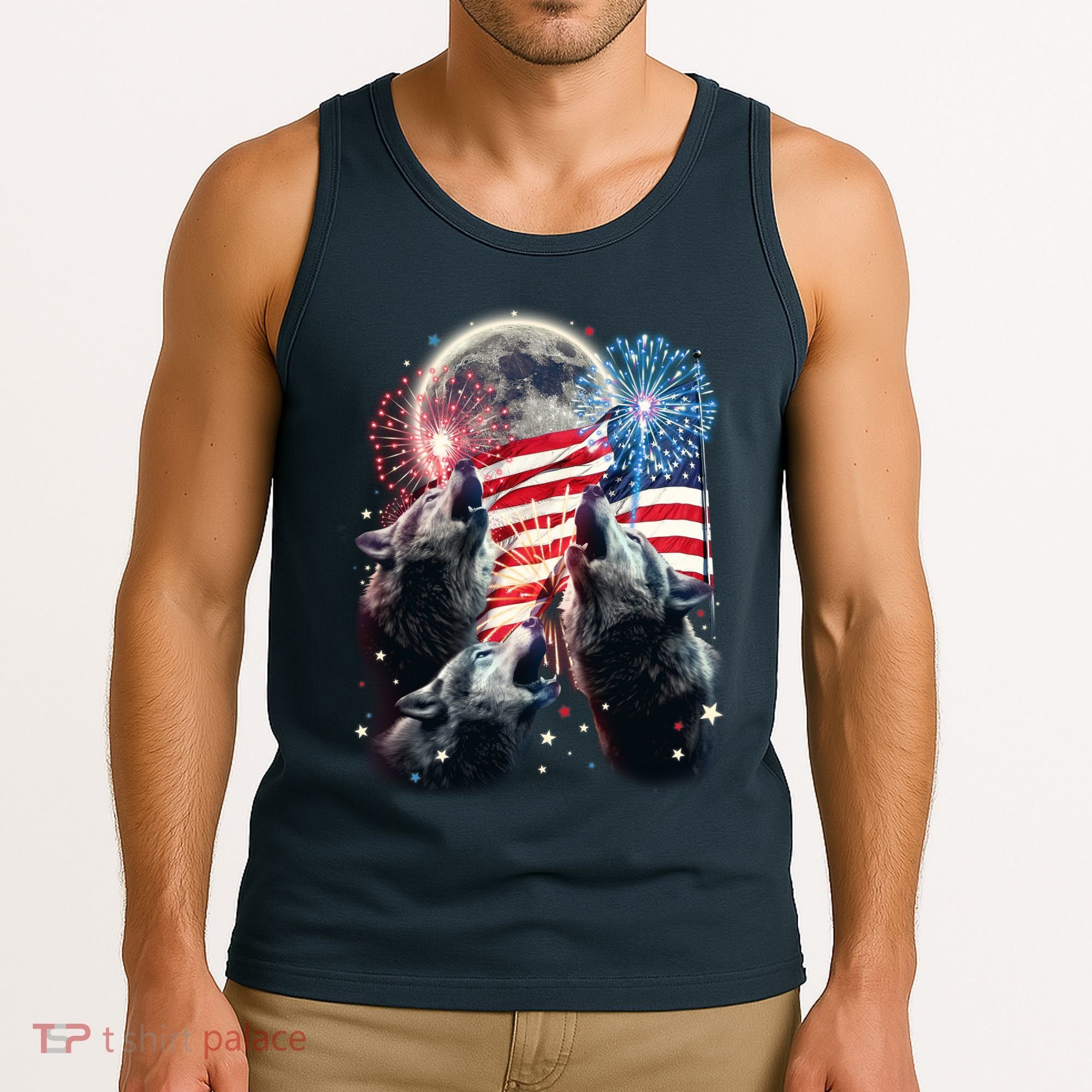 Patriotic Usa American Flag Three Wolves Moon Tank Top