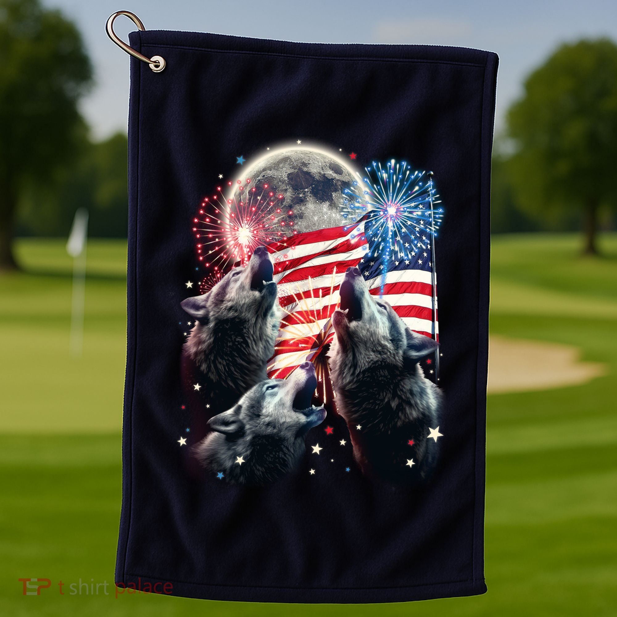 Patriotic Usa American Flag Three Wolves Moon Golf Towel