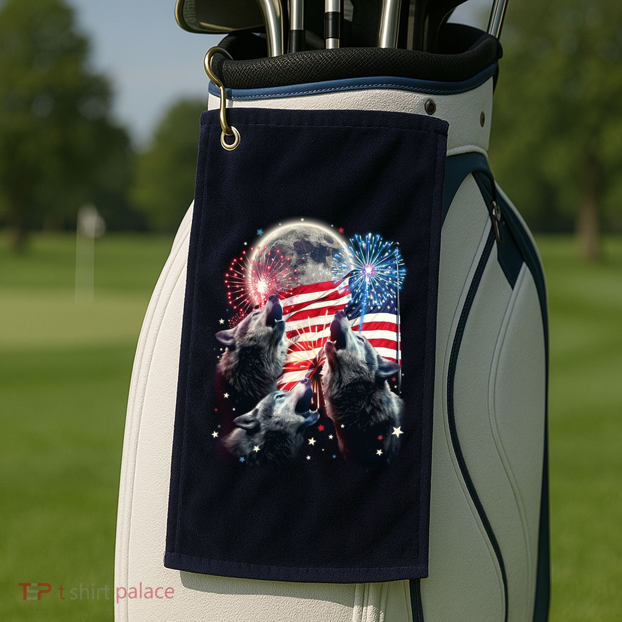 Patriotic Usa American Flag Three Wolves Moon Golf Towel