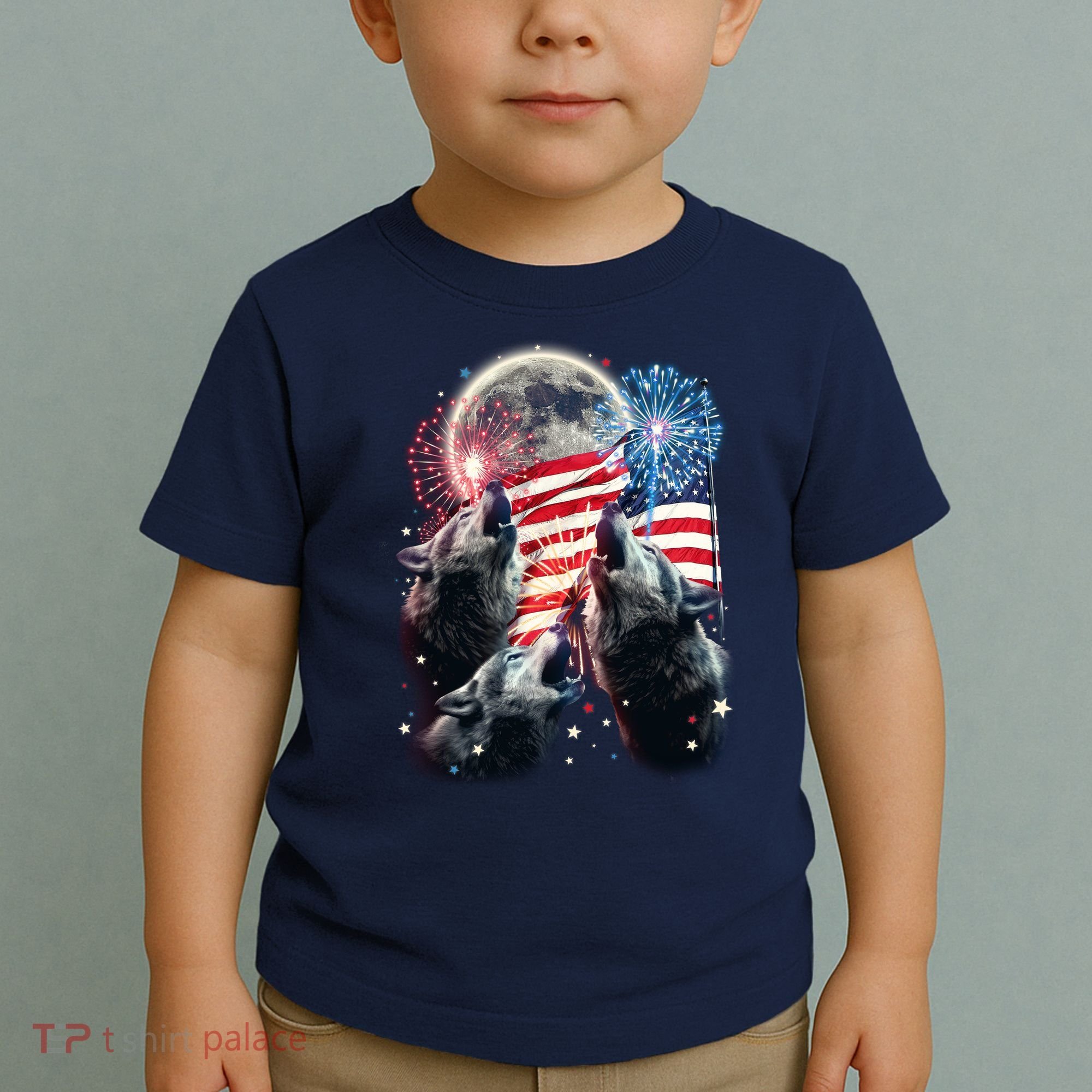 Patriotic Usa American Flag Three Wolves Moon Toddler T-Shirt