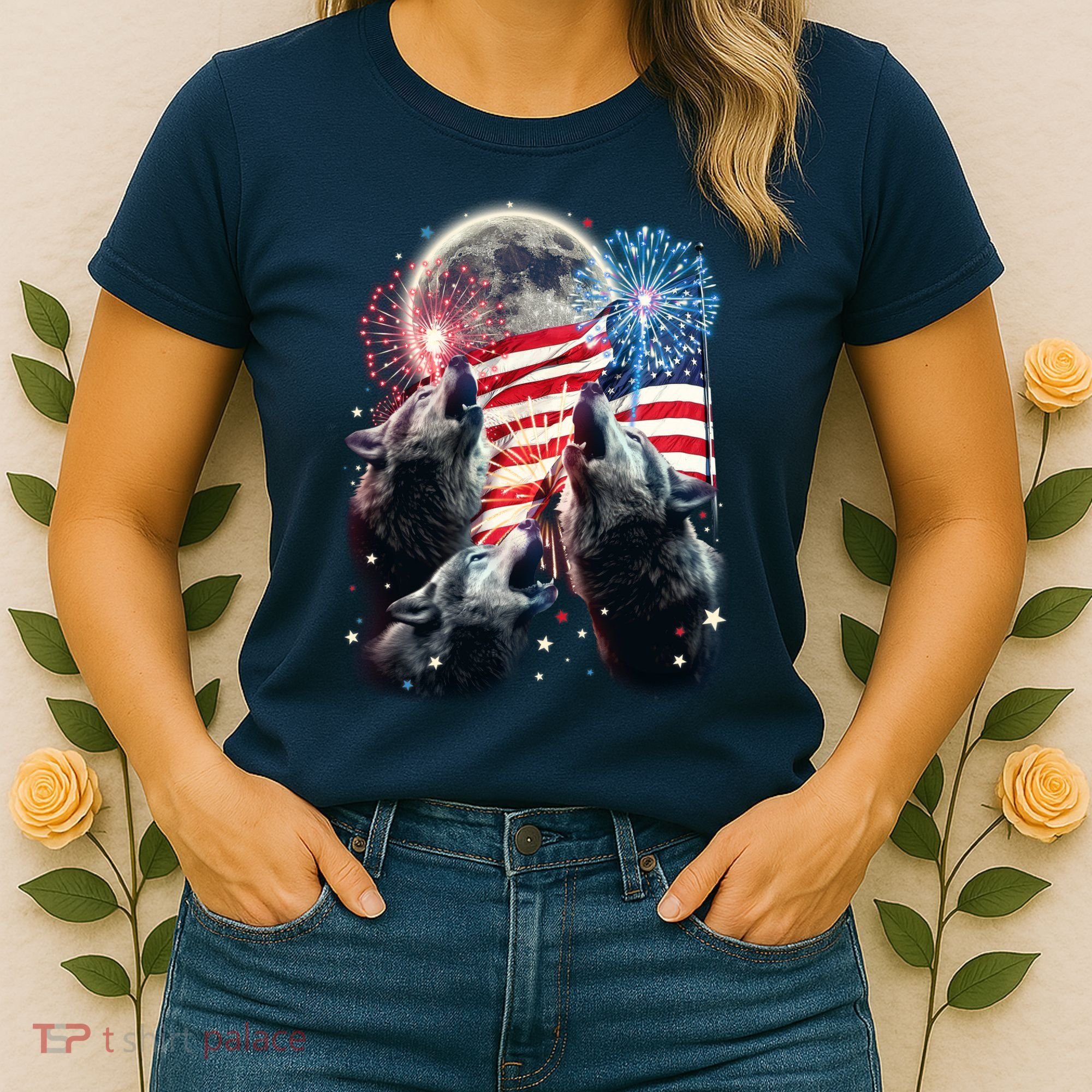 Patriotic Usa American Flag Three Wolves Moon Women's T-Shirt