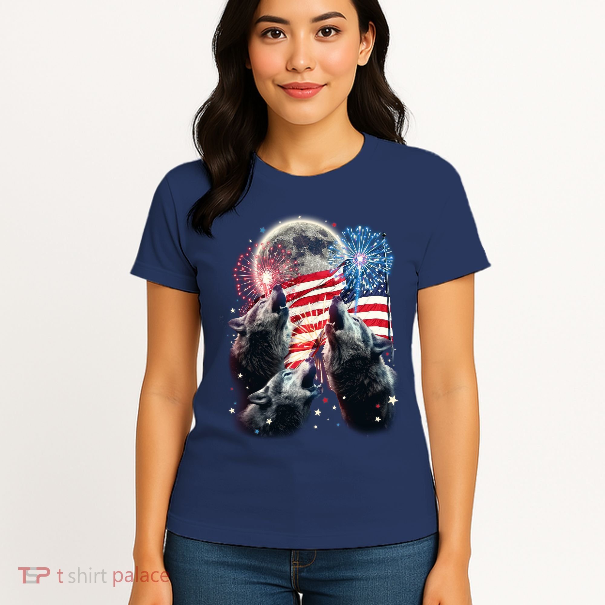Patriotic Usa American Flag Three Wolves Moon Women's T-Shirt
