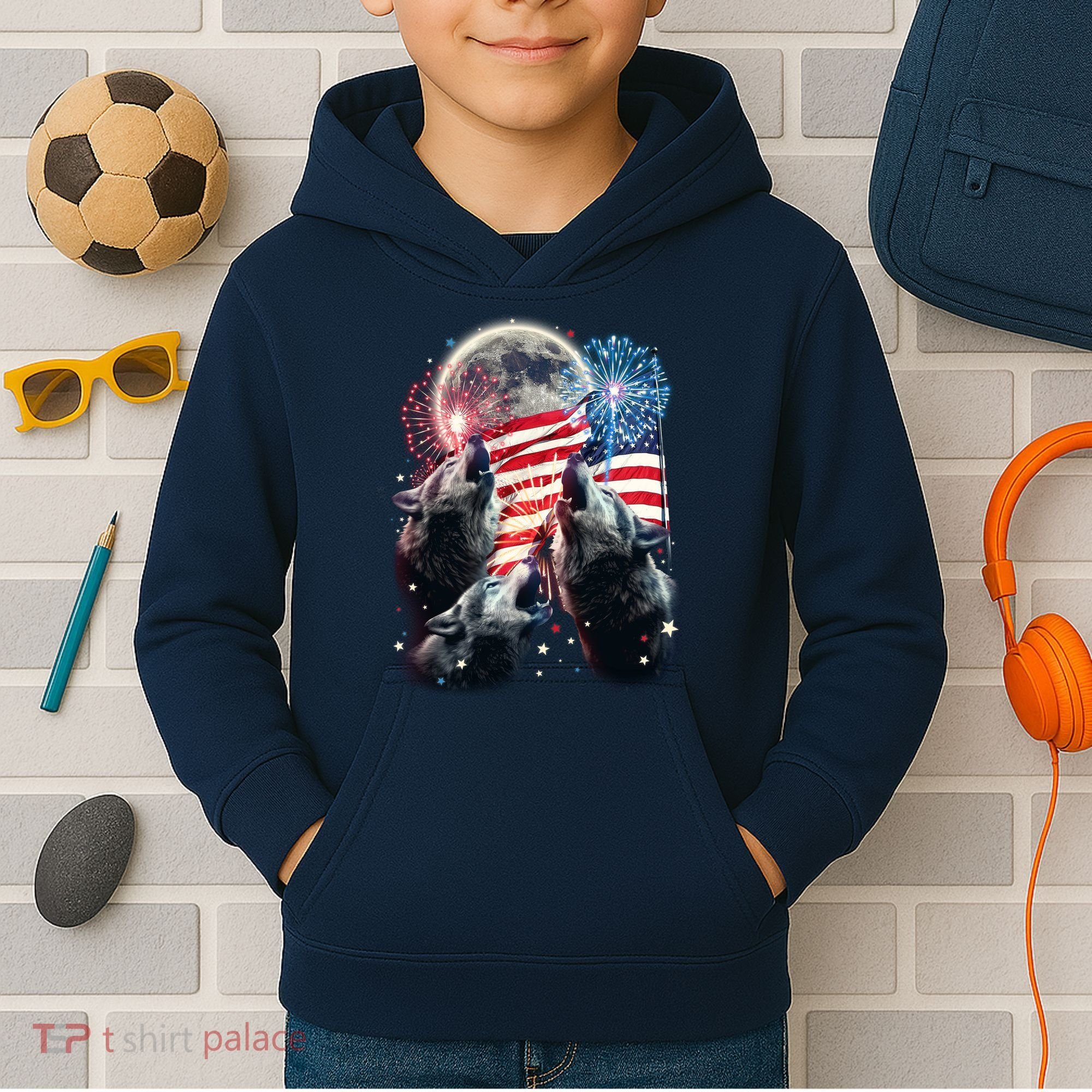 Patriotic Usa American Flag Three Wolves Moon Kids Hoodie