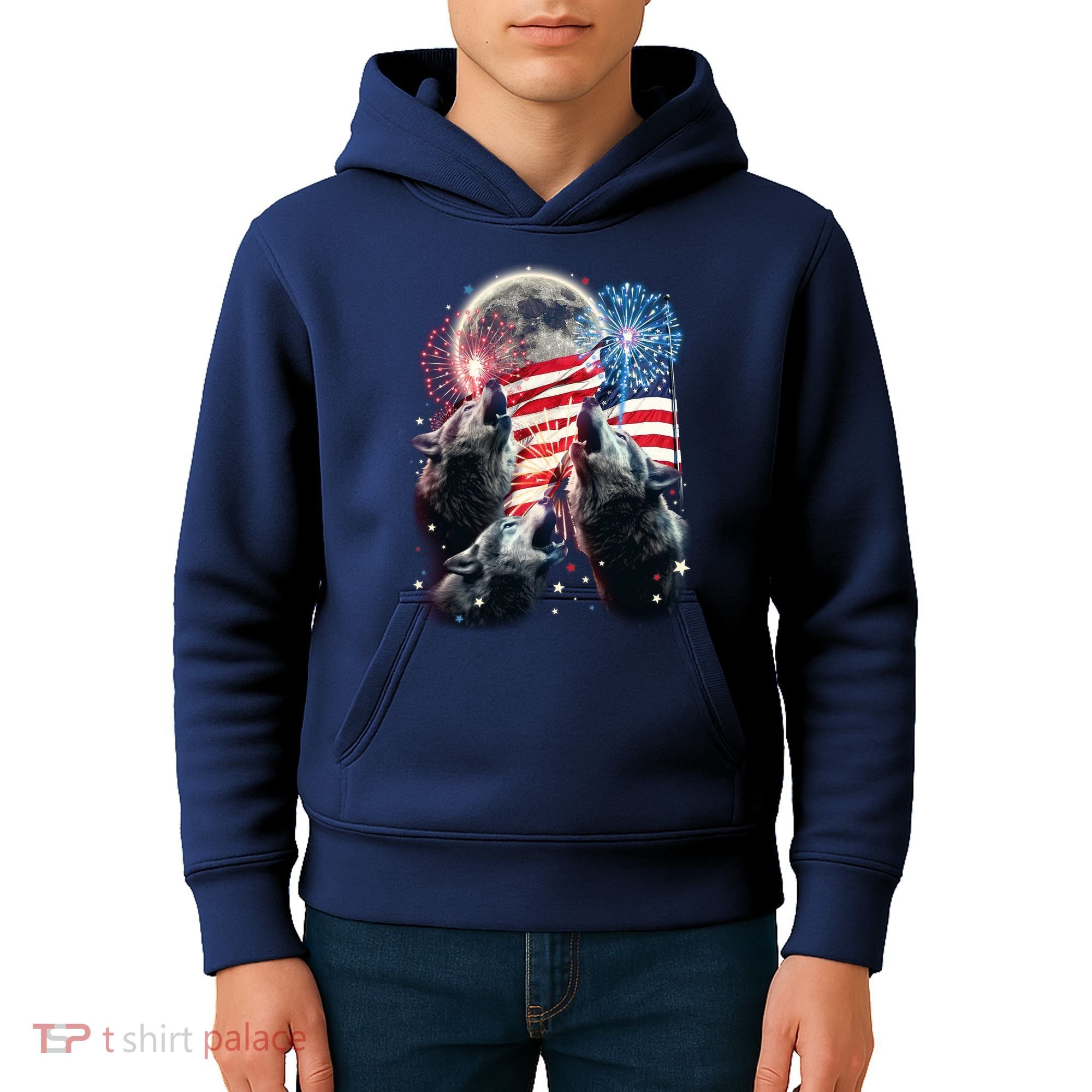 Patriotic Usa American Flag Three Wolves Moon Kids Hoodie