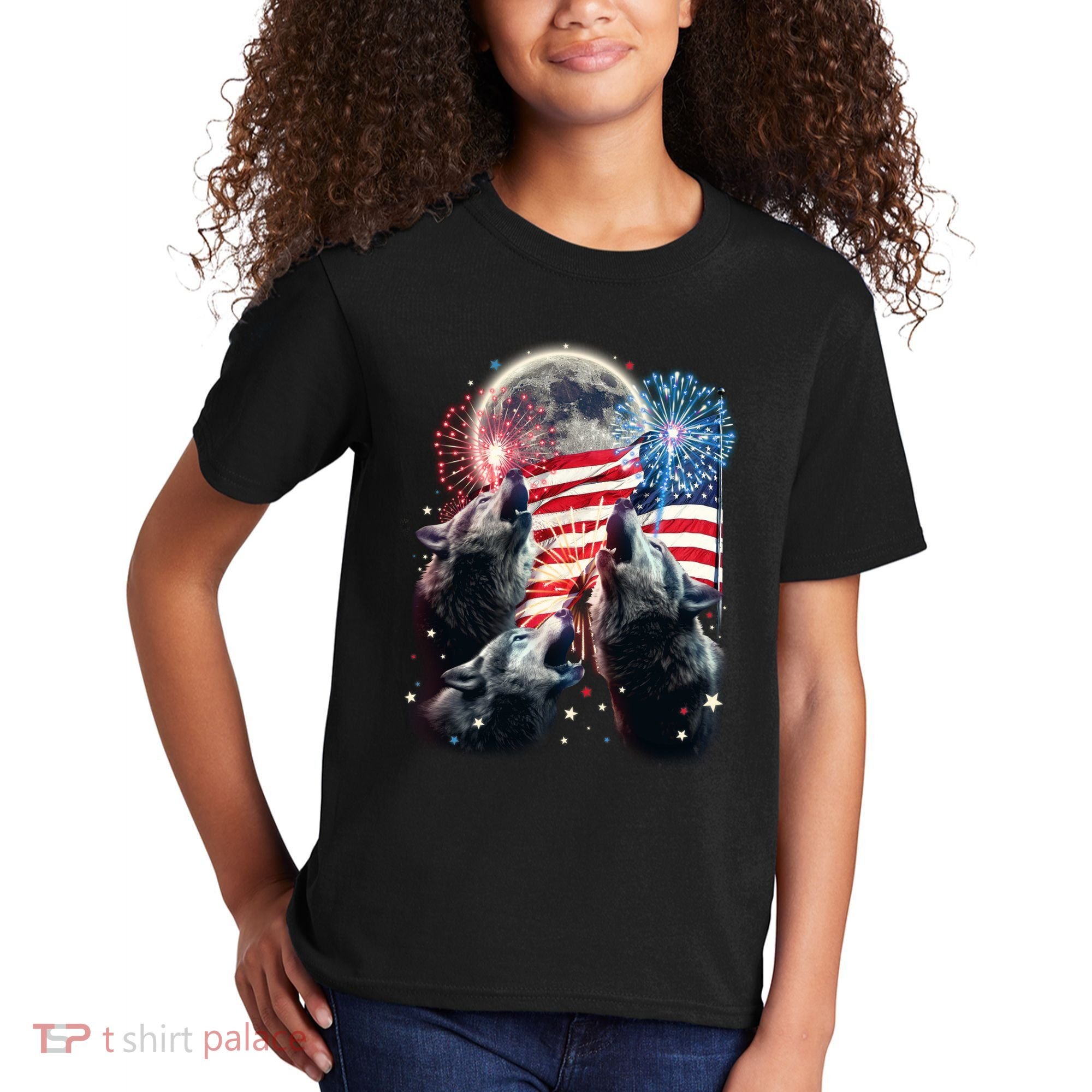 Patriotic Usa American Flag Three Wolves Moon Kids T-Shirt