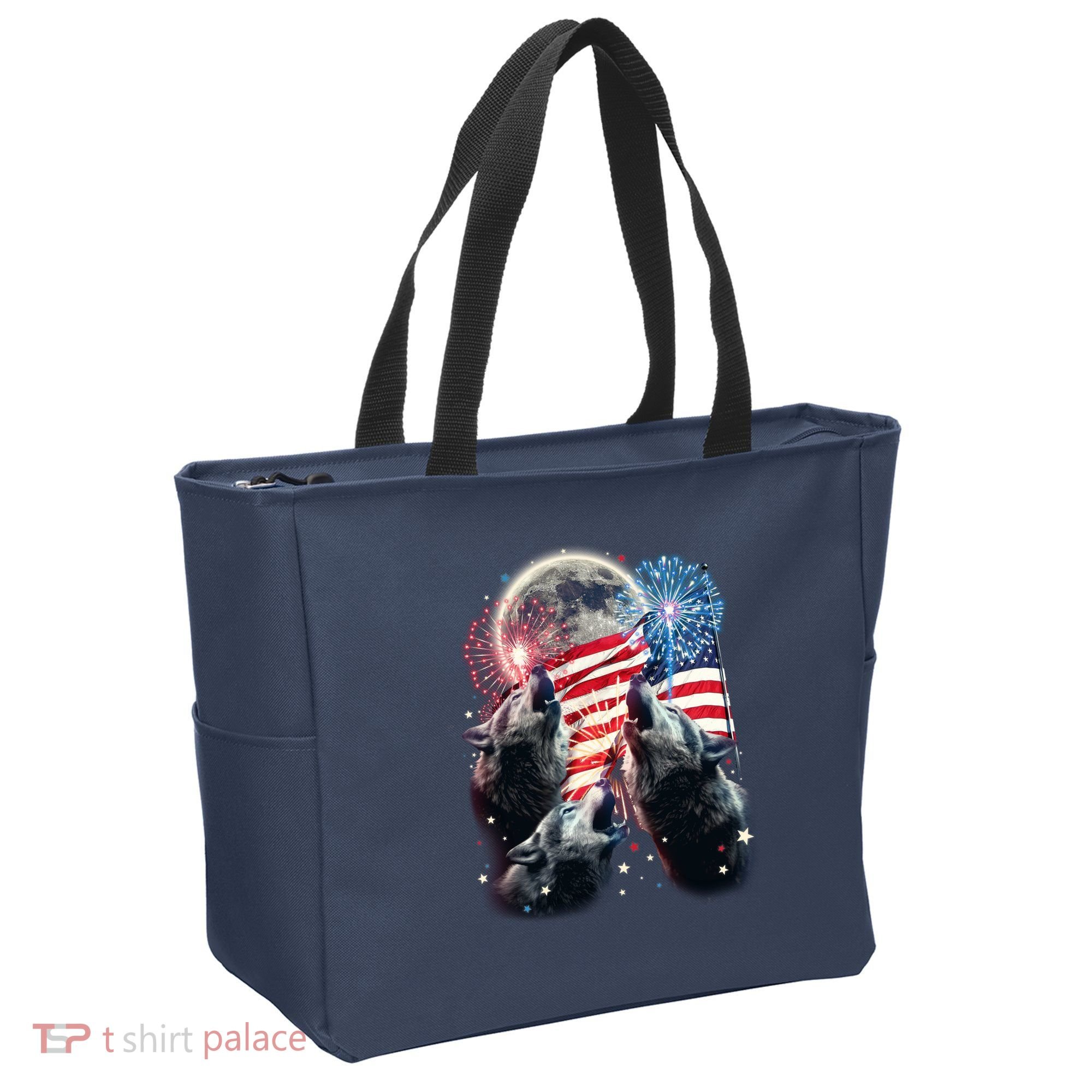 Patriotic Usa American Flag Three Wolves Moon Tote Bag